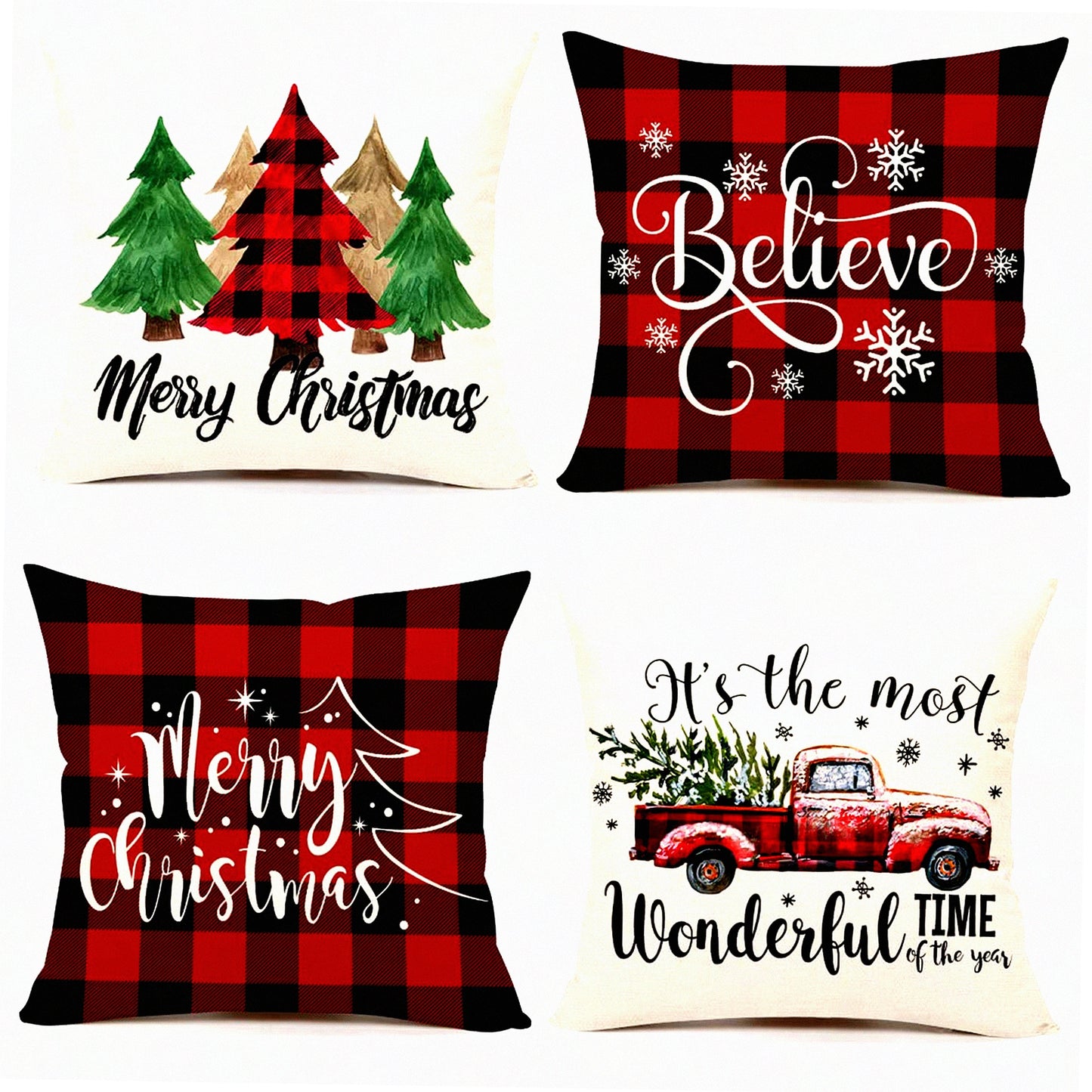 Winter Farmhouse Buffalo Check Pillow Covers - Set of 4 Red Black 18x18 Throw Cushion Cases for Home Couch Decorations.