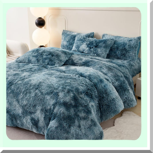 Plush Shaggy Teal Blue Tie Dye Comforter Set - Ultra Soft Fuzzy Fluffy Queen Size Bedding - Colorful Velvet Quilt Set - Comfy Furry 3 Pcs Turquoise Bed Set
