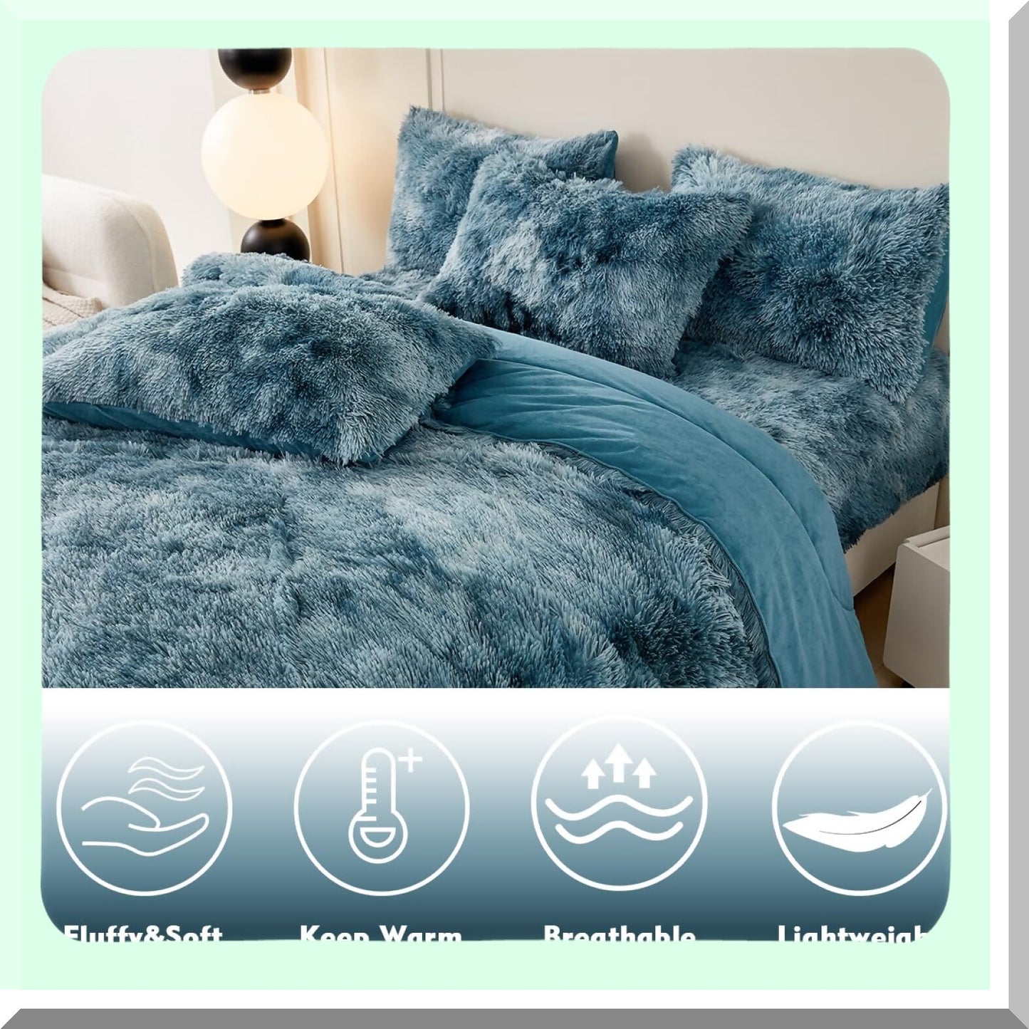 Plush Shaggy Teal Blue Tie Dye Comforter Set - Ultra Soft Fuzzy Fluffy Queen Size Bedding - Colorful Velvet Quilt Set - Comfy Furry 3 Pcs Turquoise Bed Set