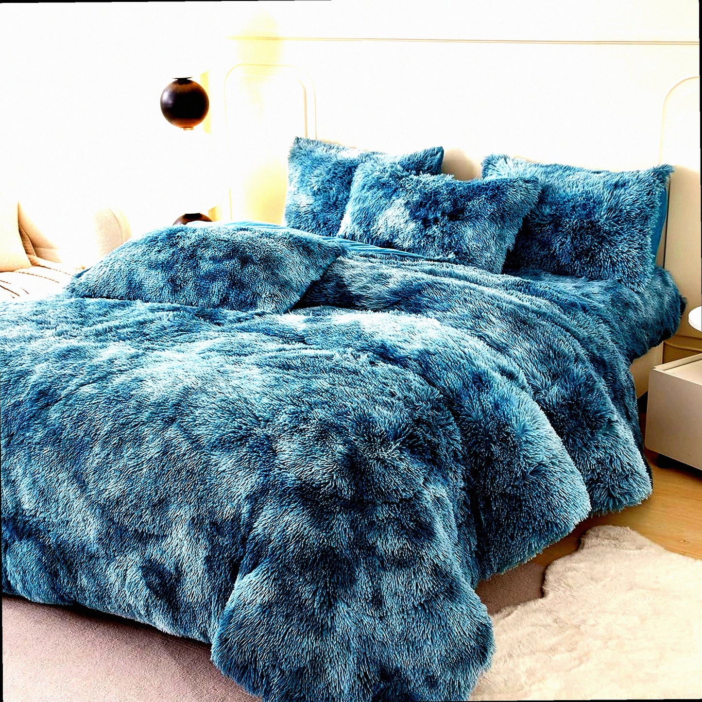 Plush Shaggy Teal Blue Tie Dye Comforter Set - Ultra Soft Fuzzy Fluffy Queen Size Bedding - Colorful Velvet Quilt Set - Comfy Furry 3 Pcs Turquoise Bed Set