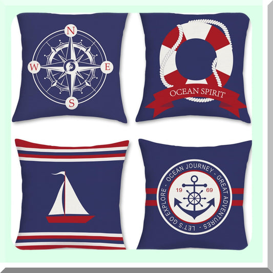 Navy Blue Anchor Nautical Sailboat Pillow Covers Set - Decorative Throw Cases 18x18 Inch Cotton Linen Sofa Couch Bed Home Decor - Pack of 4