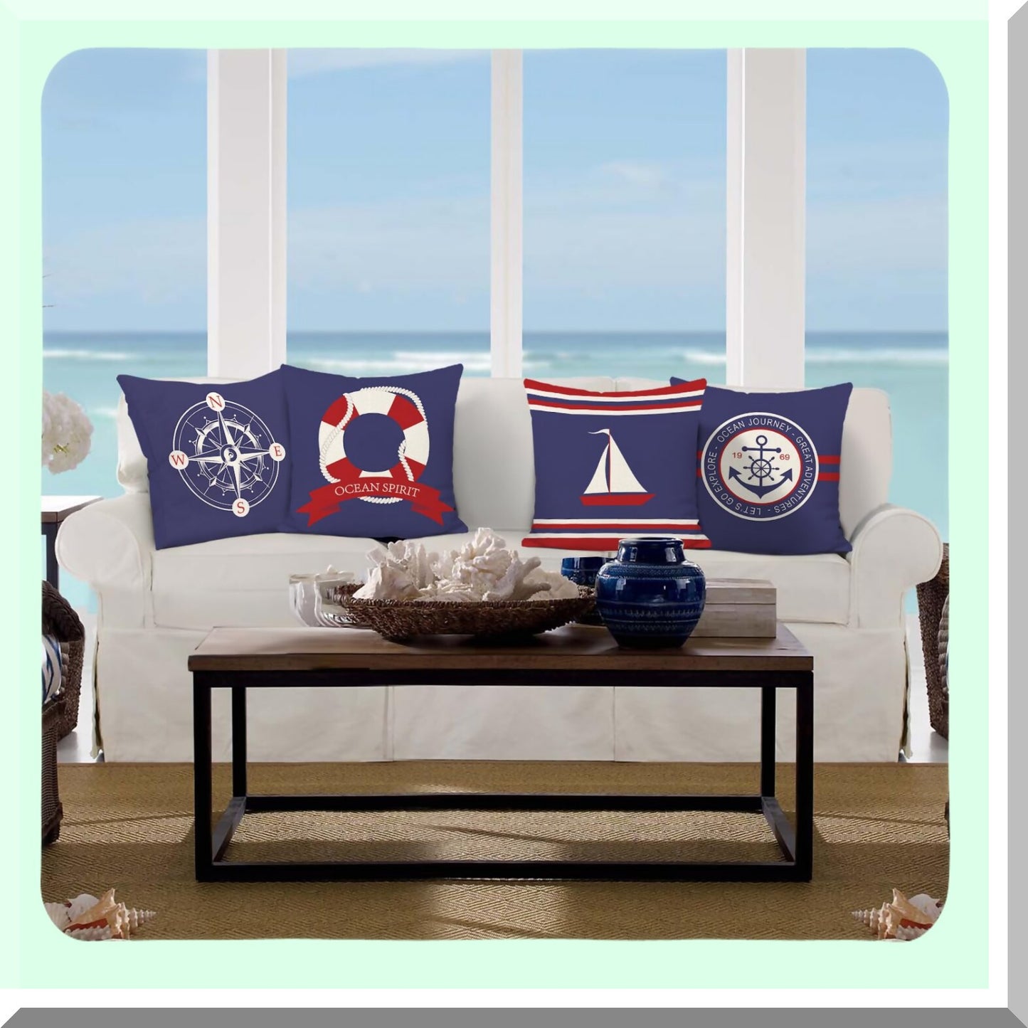 Navy Blue Anchor Nautical Sailboat Pillow Covers Set - Decorative Throw Cases 18x18 Inch Cotton Linen Sofa Couch Bed Home Decor - Pack of 4