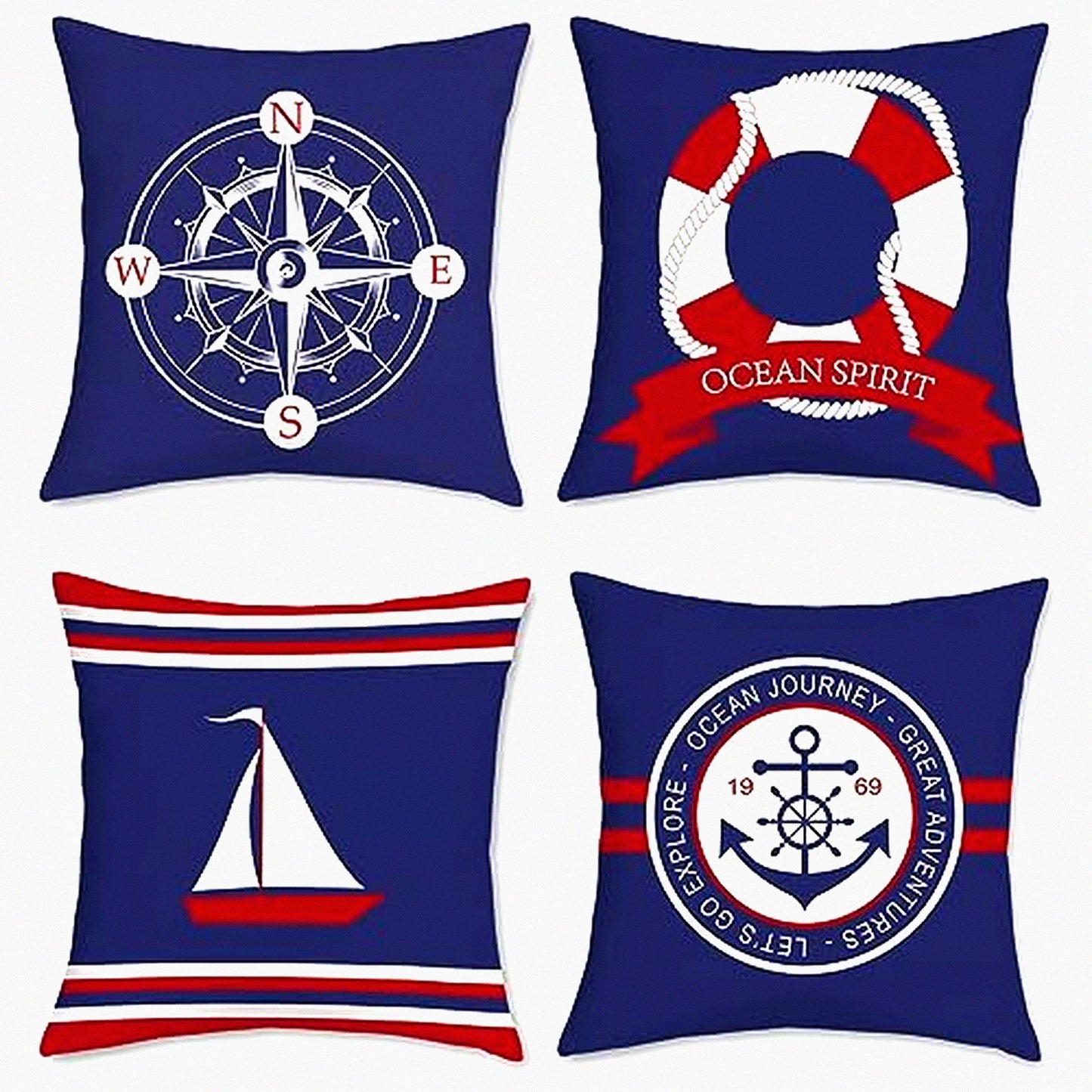 Navy Blue Anchor Nautical Sailboat Pillow Covers Set - Decorative Throw Cases 18x18 Inch Cotton Linen Sofa Couch Bed Home Decor - Pack of 4
