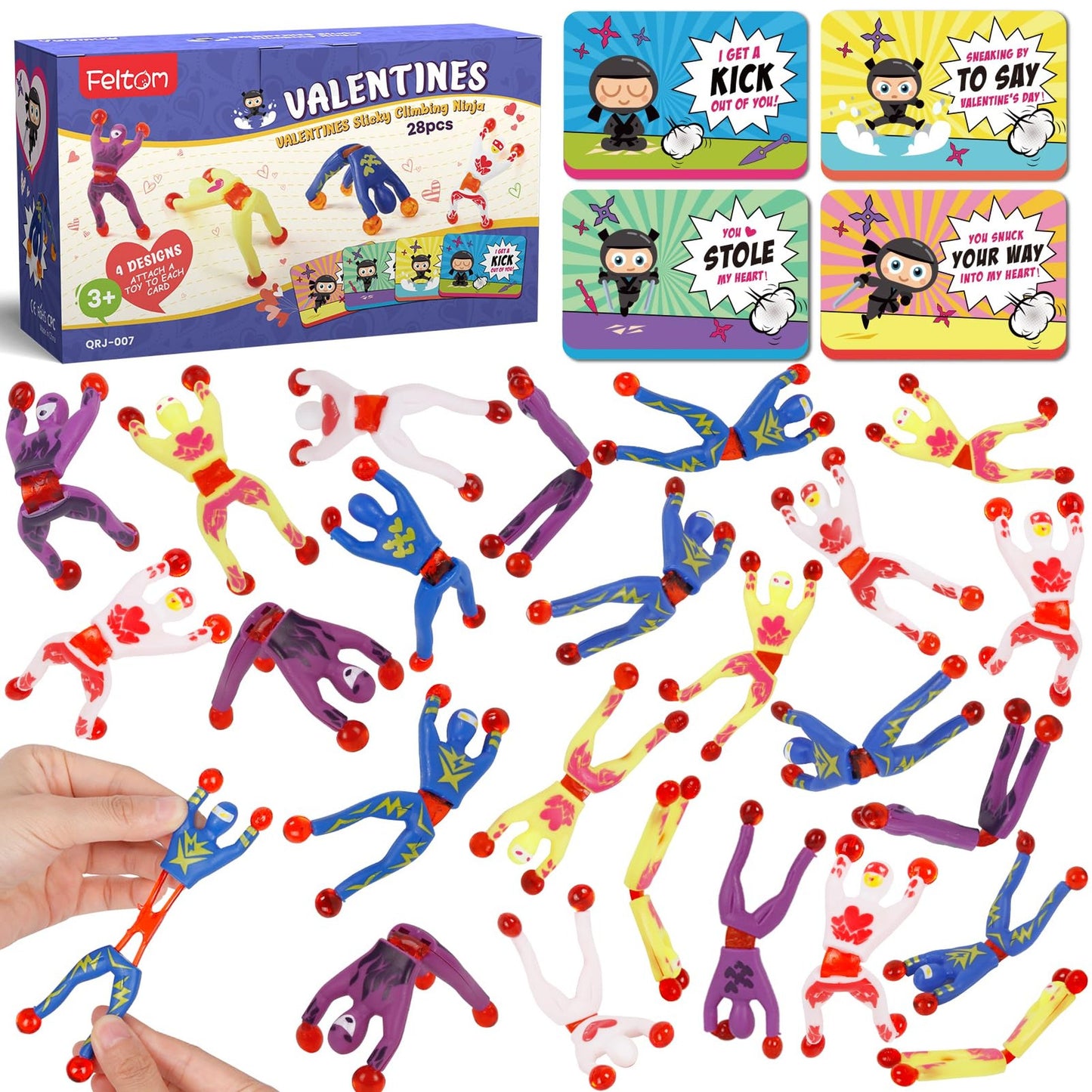 Valentine's Sticky Men Pack - Wall Climbing Stress Relief Toys for Kids - School Exchange Prizes - Party Favor Gift Set - 28 Cards & Rolling Men