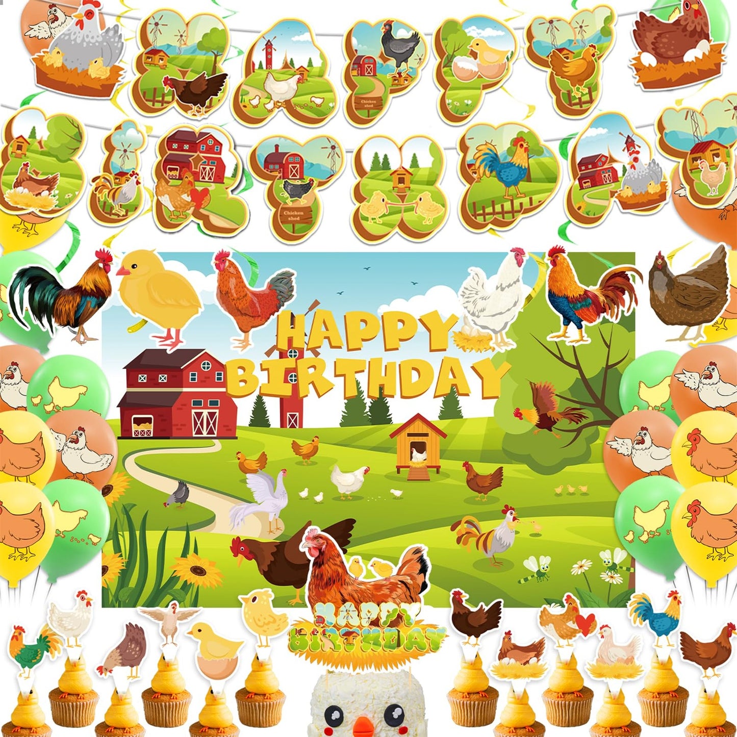 Chicken Party Pack: Birthday Banner, Backdrop, Spirals, Cake Toppers, Balloons - Farm Baby Shower Decorations & Supplies for a Clucking Good Time!