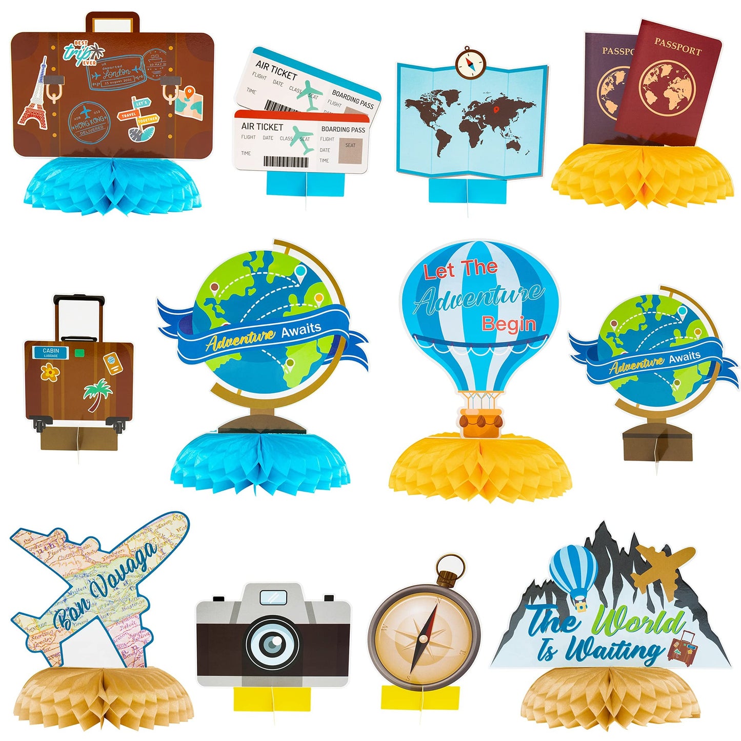 Adventure Awaits Honeycomb Table Toppers - Set of 12 Travel Themed Centerpieces for Bon Voyage Party Decor & Photo Props - Let The Adventure Begin Around The World Going Away Event