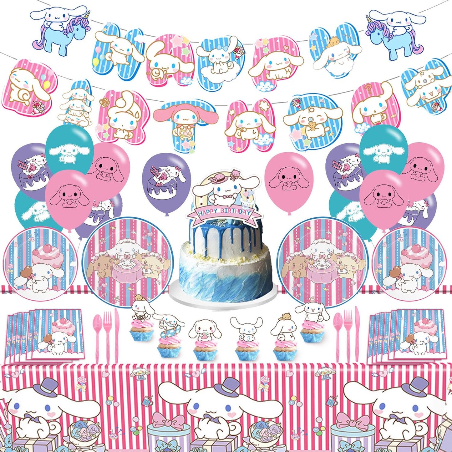 Party Perfect Tableware Set - Complete your birthday celebration with our all-in-one set of decorations! Includes tablecloth, banner, plates, balloons, napkins, and utensils.