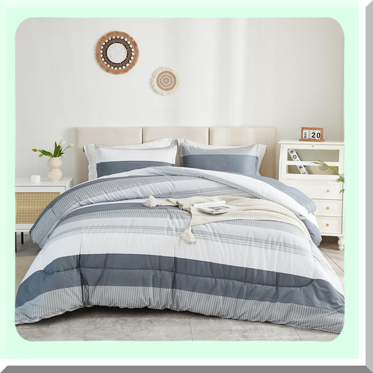Light Grey Colorblock Stripe Comforter Set - 3 Piece Fluffy Bedding, Lightweight All Season Queen Bed Set in Gray and White