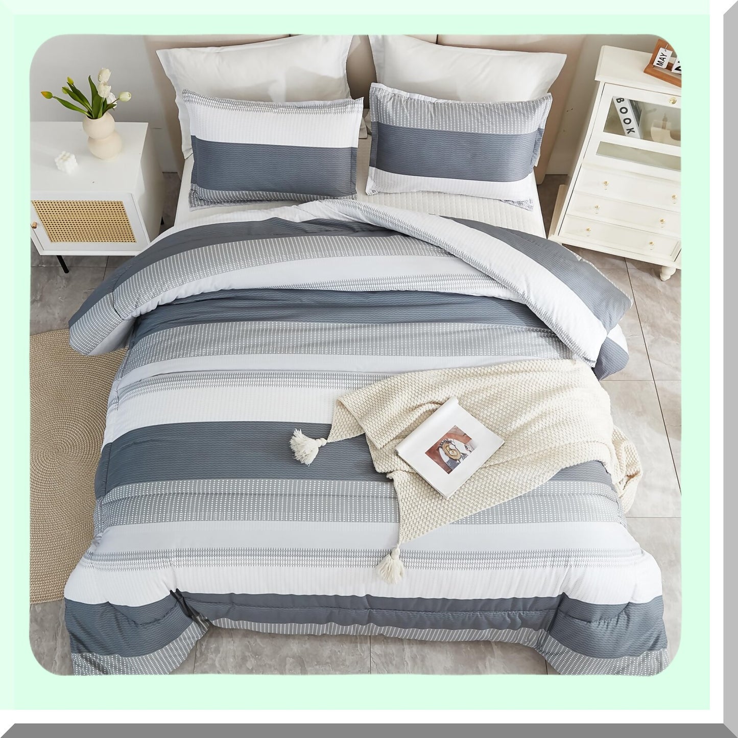 Light Grey Colorblock Stripe Comforter Set - 3 Piece Fluffy Bedding, Lightweight All Season Queen Bed Set in Gray and White