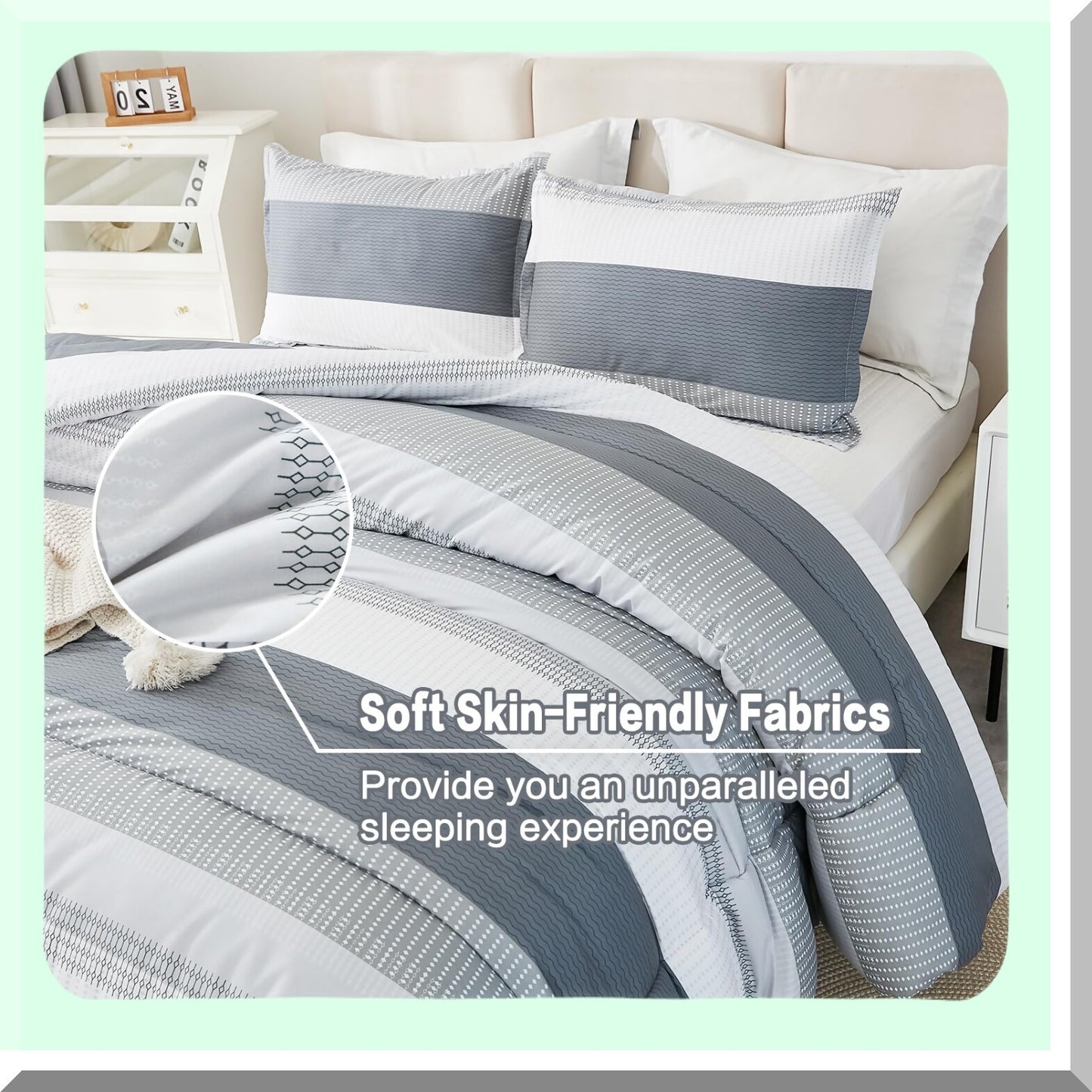 Light Grey Colorblock Stripe Comforter Set - 3 Piece Fluffy Bedding, Lightweight All Season Queen Bed Set in Gray and White