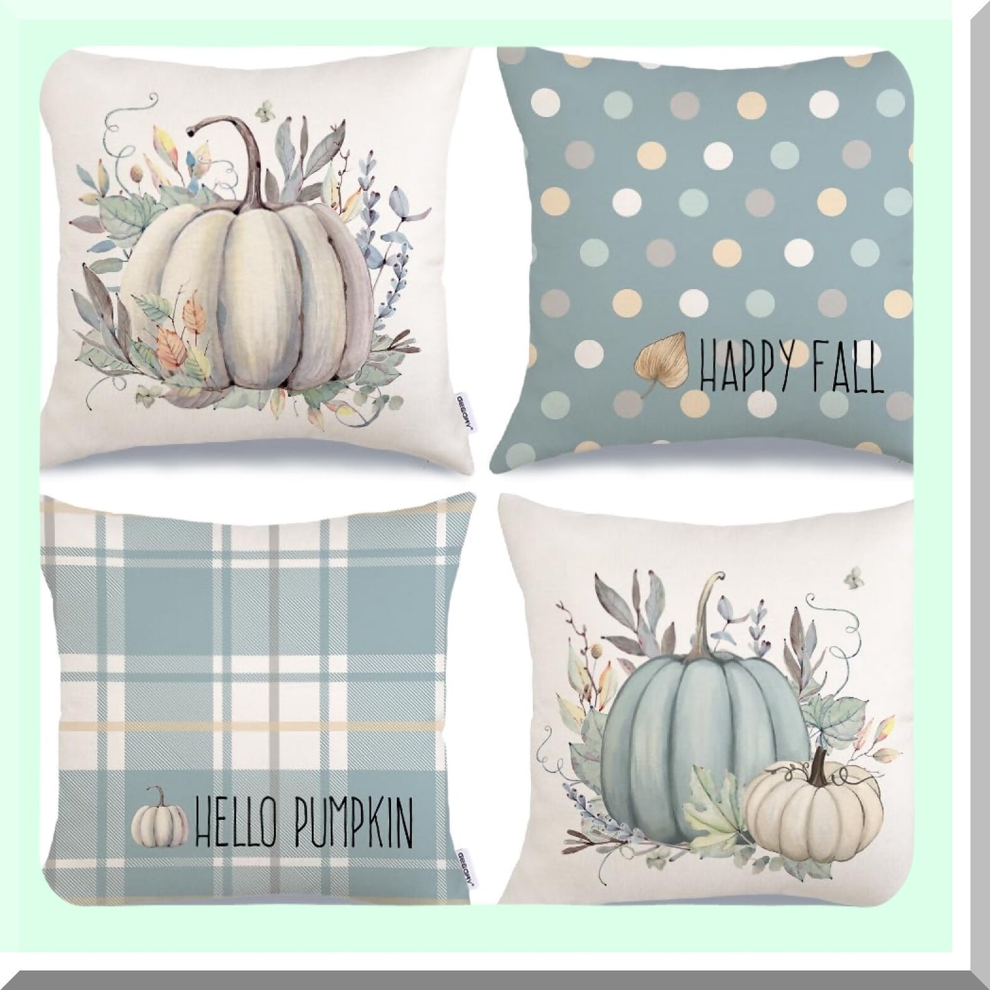 Autumn Harvest Pillow Covers Set - Striped Buffalo Plaid Polka Dots Pumpkins Leaves Decorative Farmhouse Throw Cushion Cases - Indoor Home Decor for Sofa Couch - Blue - 16x16 Inch - Pack of 4