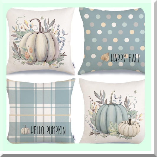 Autumn Harvest Pillow Covers Set - Striped Buffalo Plaid Polka Dots Pumpkins Leaves Decorative Farmhouse Throw Cushion Cases - Indoor Home Decor for Sofa Couch - Blue - 16x16 Inch - Pack of 4