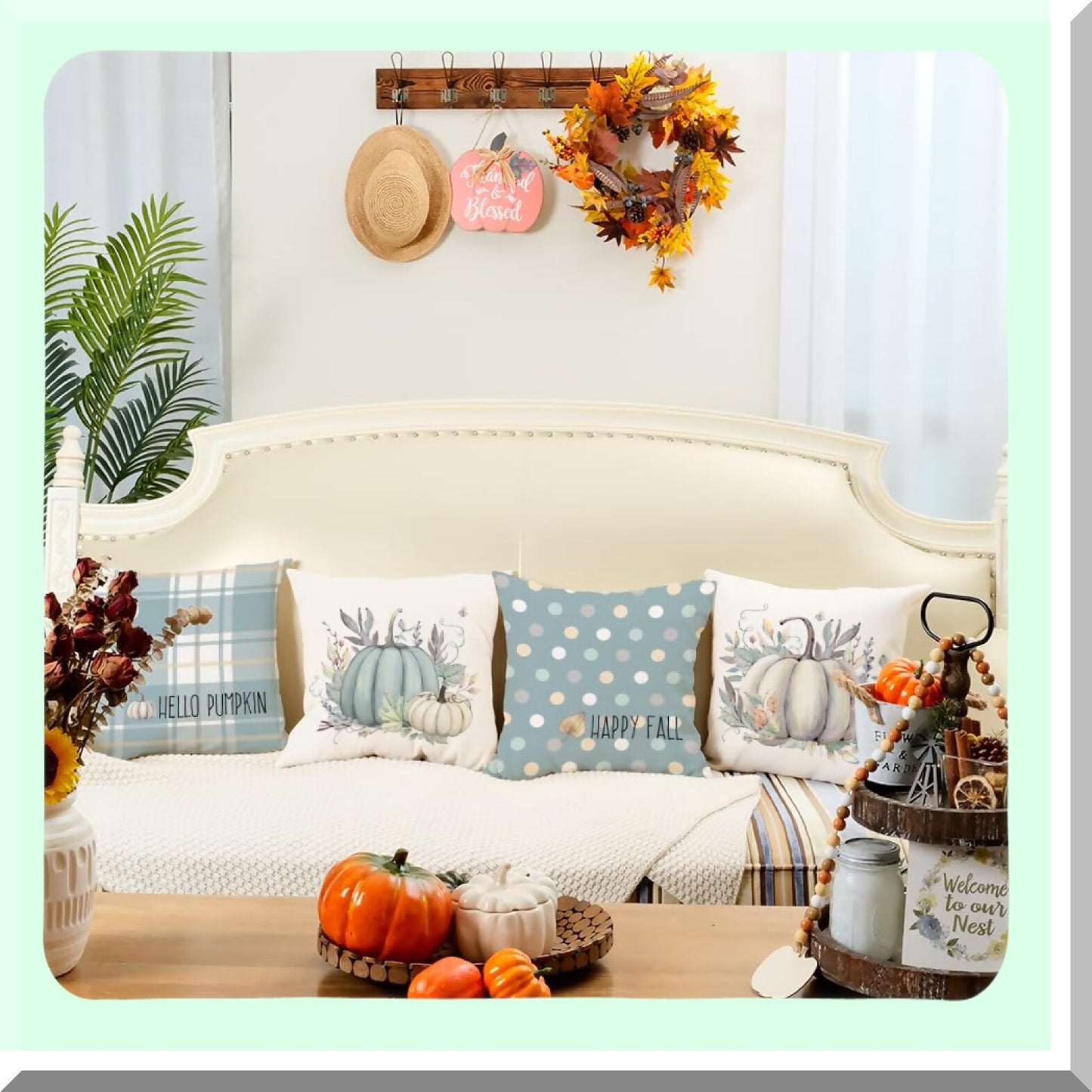 Autumn Harvest Pillow Covers Set - Striped Buffalo Plaid Polka Dots Pumpkins Leaves Decorative Farmhouse Throw Cushion Cases - Indoor Home Decor for Sofa Couch - Blue - 16x16 Inch - Pack of 4