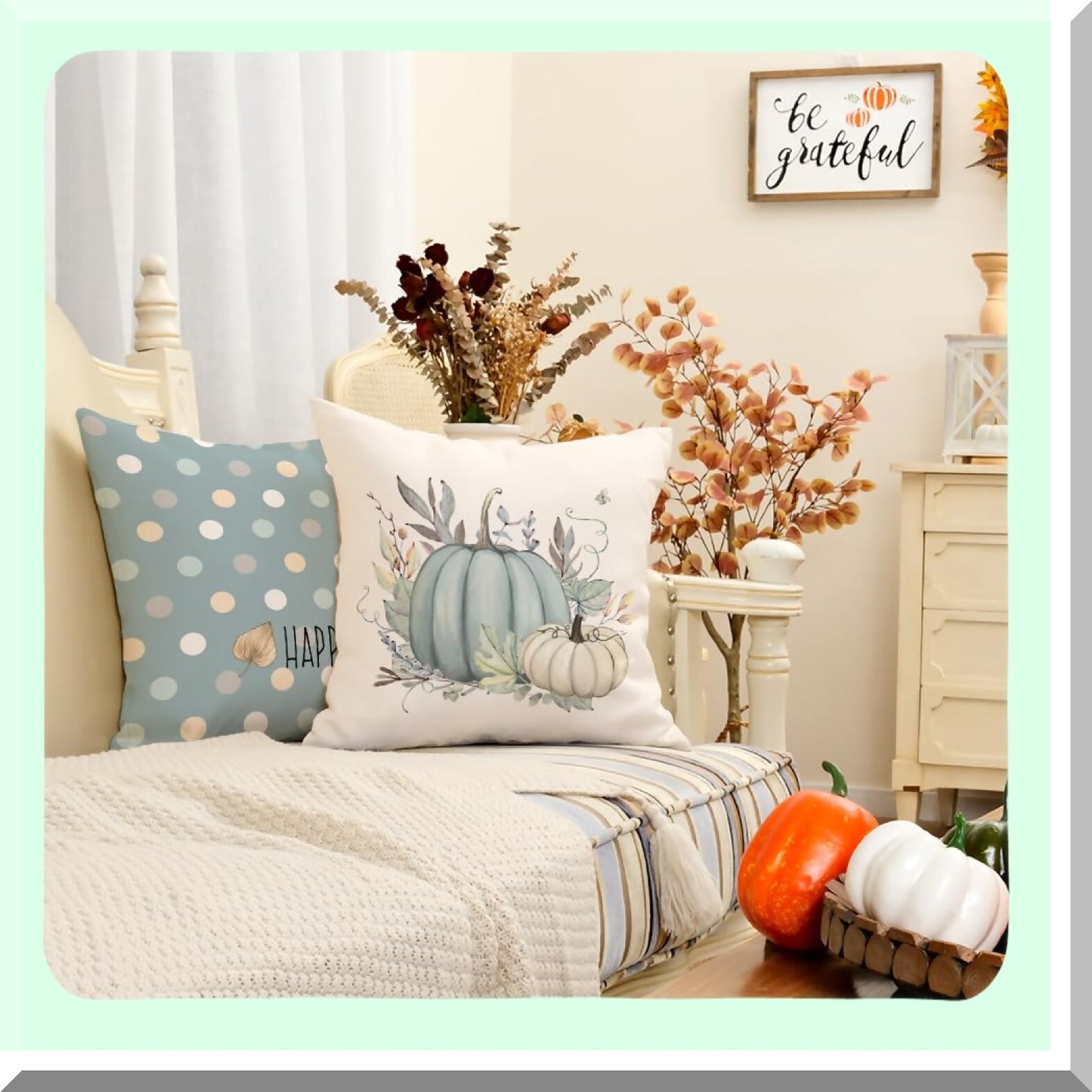 Autumn Harvest Pillow Covers Set - Striped Buffalo Plaid Polka Dots Pumpkins Leaves Decorative Farmhouse Throw Cushion Cases - Indoor Home Decor for Sofa Couch - Blue - 16x16 Inch - Pack of 4