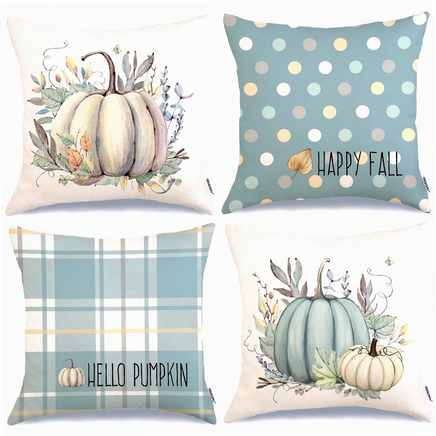 Autumn Harvest Pillow Covers Set - Striped Buffalo Plaid Polka Dots Pumpkins Leaves Decorative Farmhouse Throw Cushion Cases - Indoor Home Decor for Sofa Couch - Blue - 16x16 Inch - Pack of 4