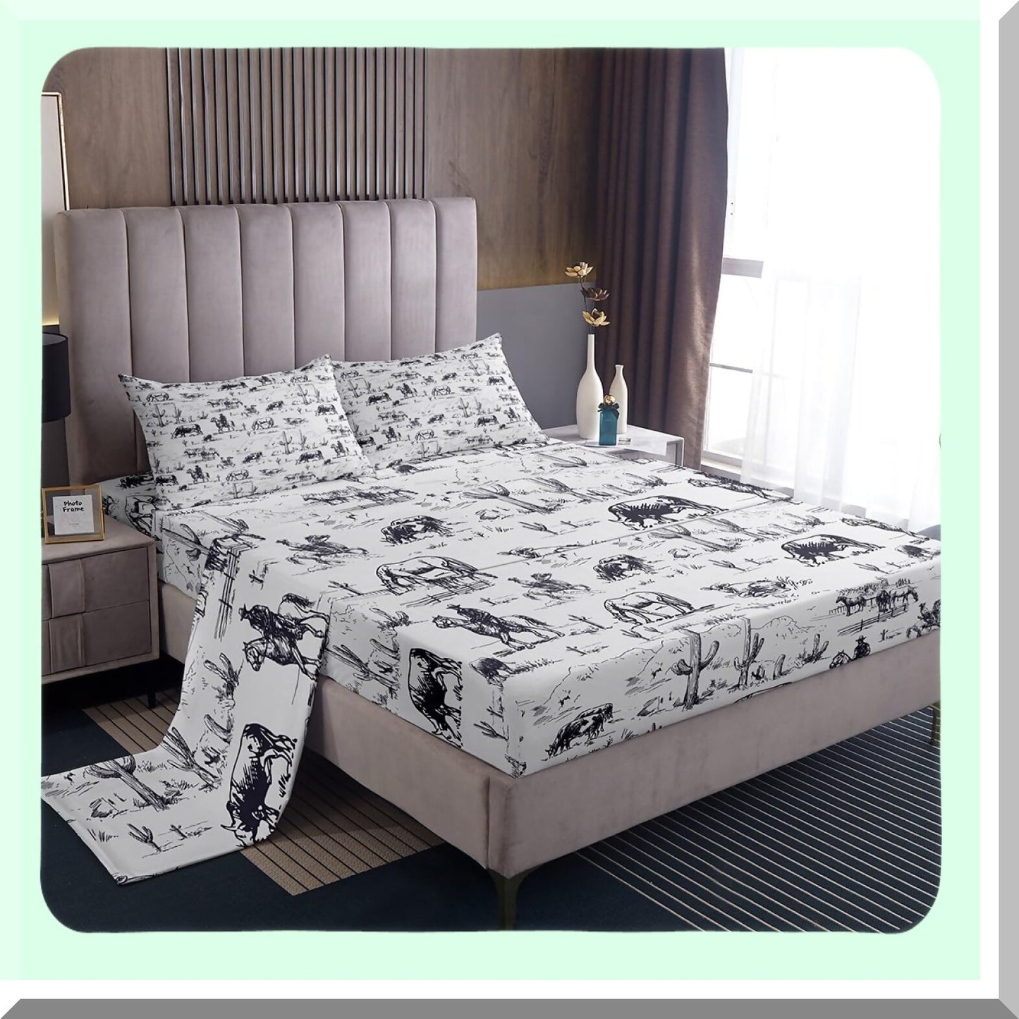 Desert Cowboy Twin Bedding Set - Western White & Black Cow Sheet Set with Deep Pocket Fitted Sheet, Cactus Design, 1 Pillow Case - Rustic Bedroom Decor