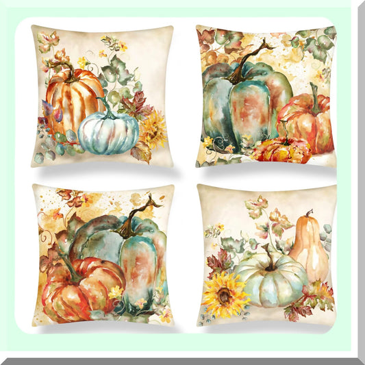Autumn Harvest Pillow Cover Set - 18x18 Inch Pumpkin Sofa Pillowcase Farmhouse Square Couch Cushion Covers - Thanksgiving Watercolor Home Decor for Bedroom & Living Room - Fall Throw Pillows
