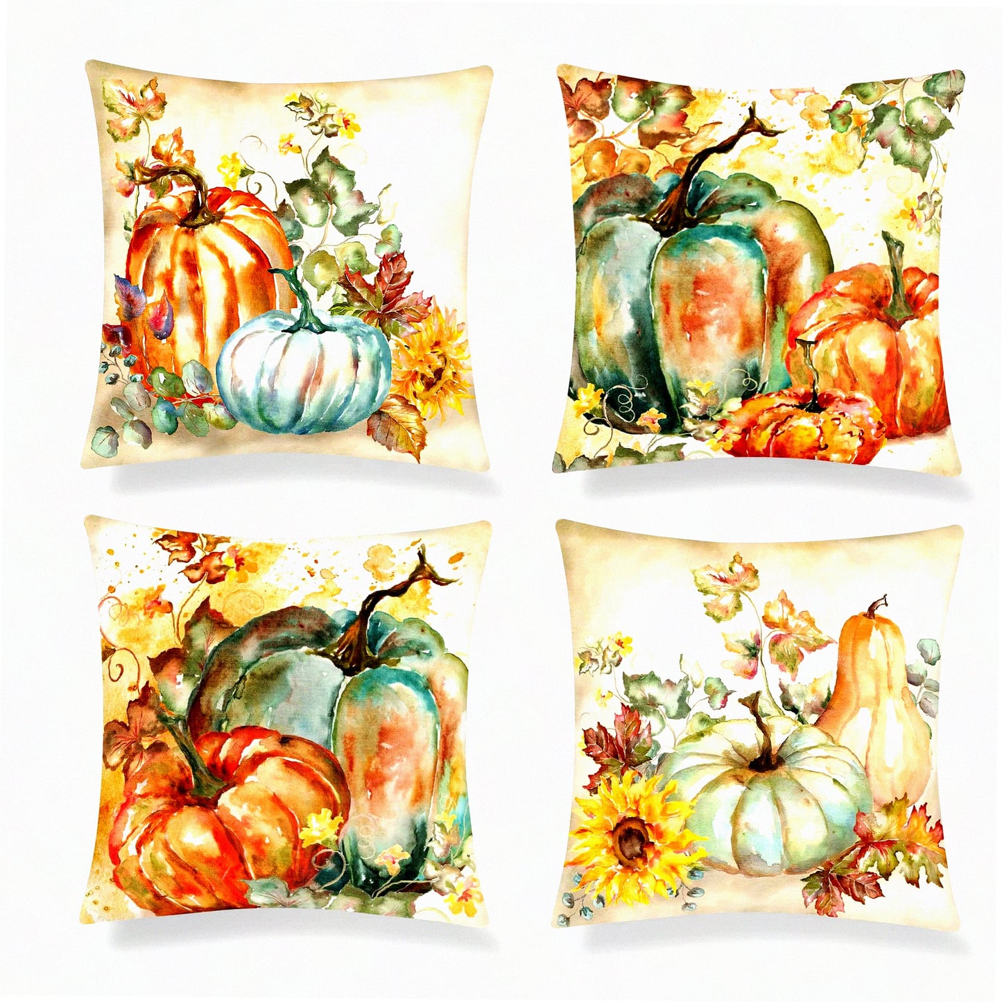 Autumn Harvest Pillow Cover Set - 18x18 Inch Pumpkin Sofa Pillowcase Farmhouse Square Couch Cushion Covers - Thanksgiving Watercolor Home Decor for Bedroom & Living Room - Fall Throw Pillows