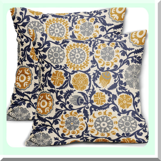 Boho Farmhouse Floral Pillow Covers Set - Navy Blue Yellow Grey 18x18 Rustic Decorative Throw Pillows - Vintage Square Linen Cushion Case for Sofa Bed