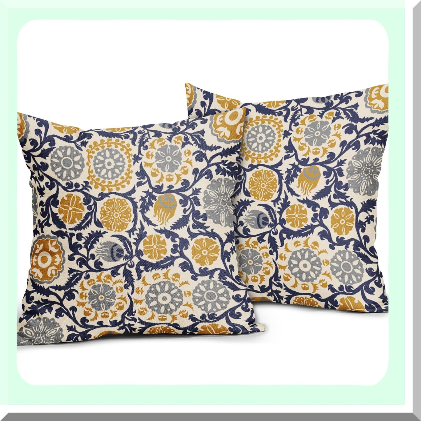 Boho Farmhouse Floral Pillow Covers Set - Navy Blue Yellow Grey 18x18 Rustic Decorative Throw Pillows - Vintage Square Linen Cushion Case for Sofa Bed