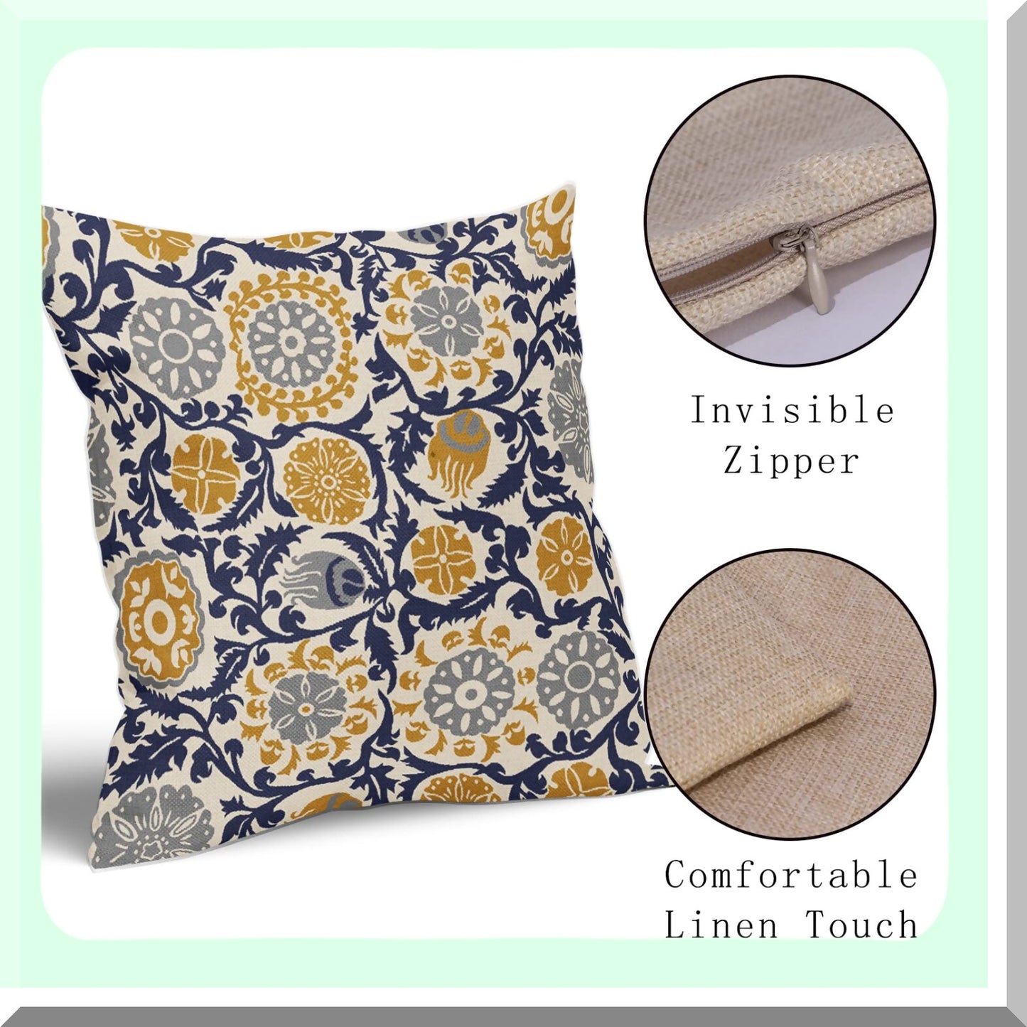 Boho Farmhouse Floral Pillow Covers Set - Navy Blue Yellow Grey 18x18 Rustic Decorative Throw Pillows - Vintage Square Linen Cushion Case for Sofa Bed