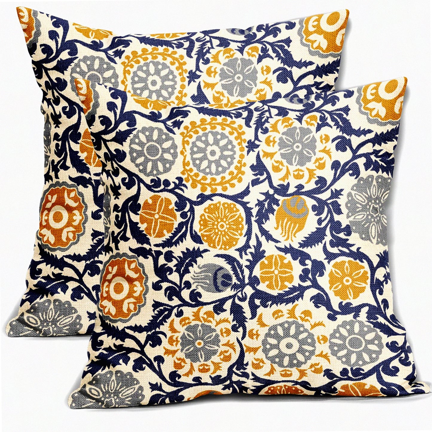 Boho Farmhouse Floral Pillow Covers Set - Navy Blue Yellow Grey 18x18 Rustic Decorative Throw Pillows - Vintage Square Linen Cushion Case for Sofa Bed