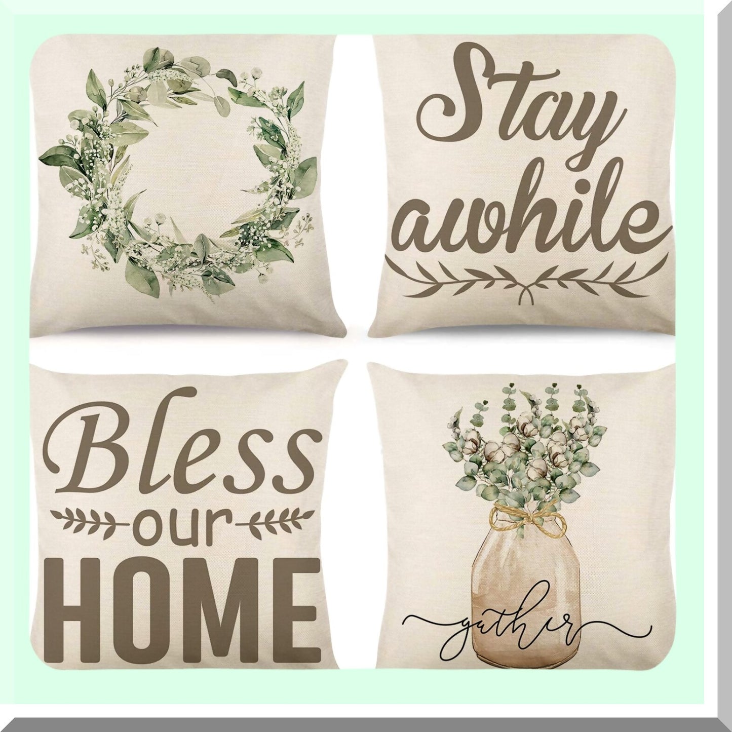 Spring Blessings Floral Pillow Covers - Set of 4, Farmhouse Decor Linen Cushion Cases for Sofa, Chair, Car - 18 x 18 Inches, Green/Wreath