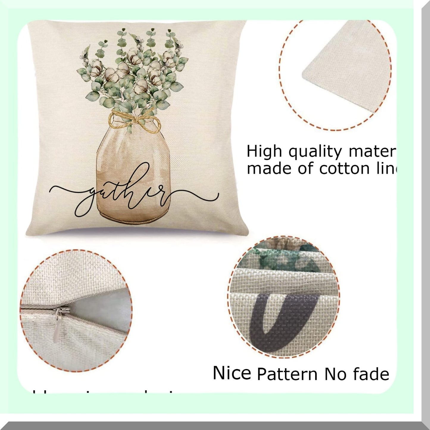 Spring Blessings Floral Pillow Covers - Set of 4, Farmhouse Decor Linen Cushion Cases for Sofa, Chair, Car - 18 x 18 Inches, Green/Wreath