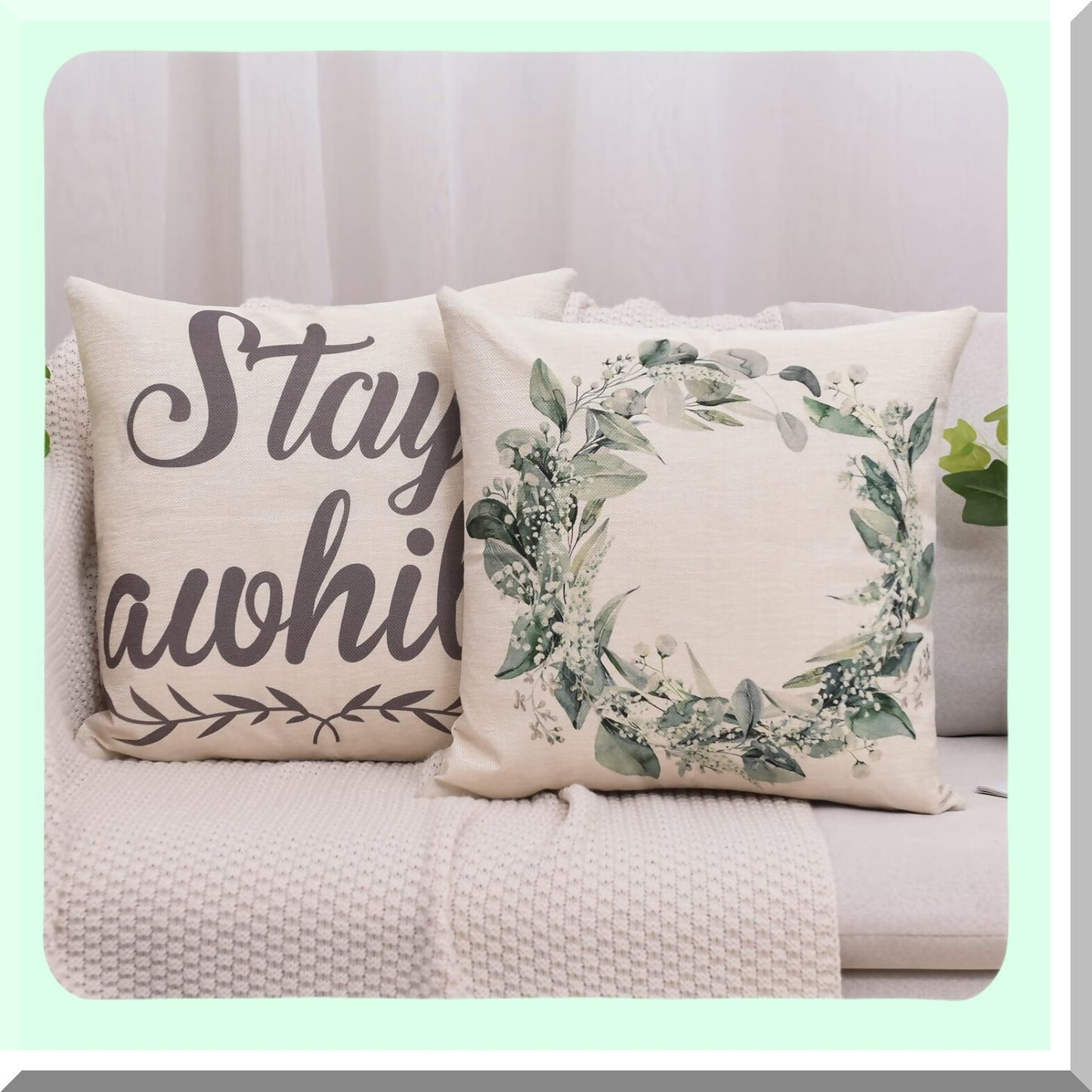 Spring Blessings Floral Pillow Covers - Set of 4, Farmhouse Decor Linen Cushion Cases for Sofa, Chair, Car - 18 x 18 Inches, Green/Wreath