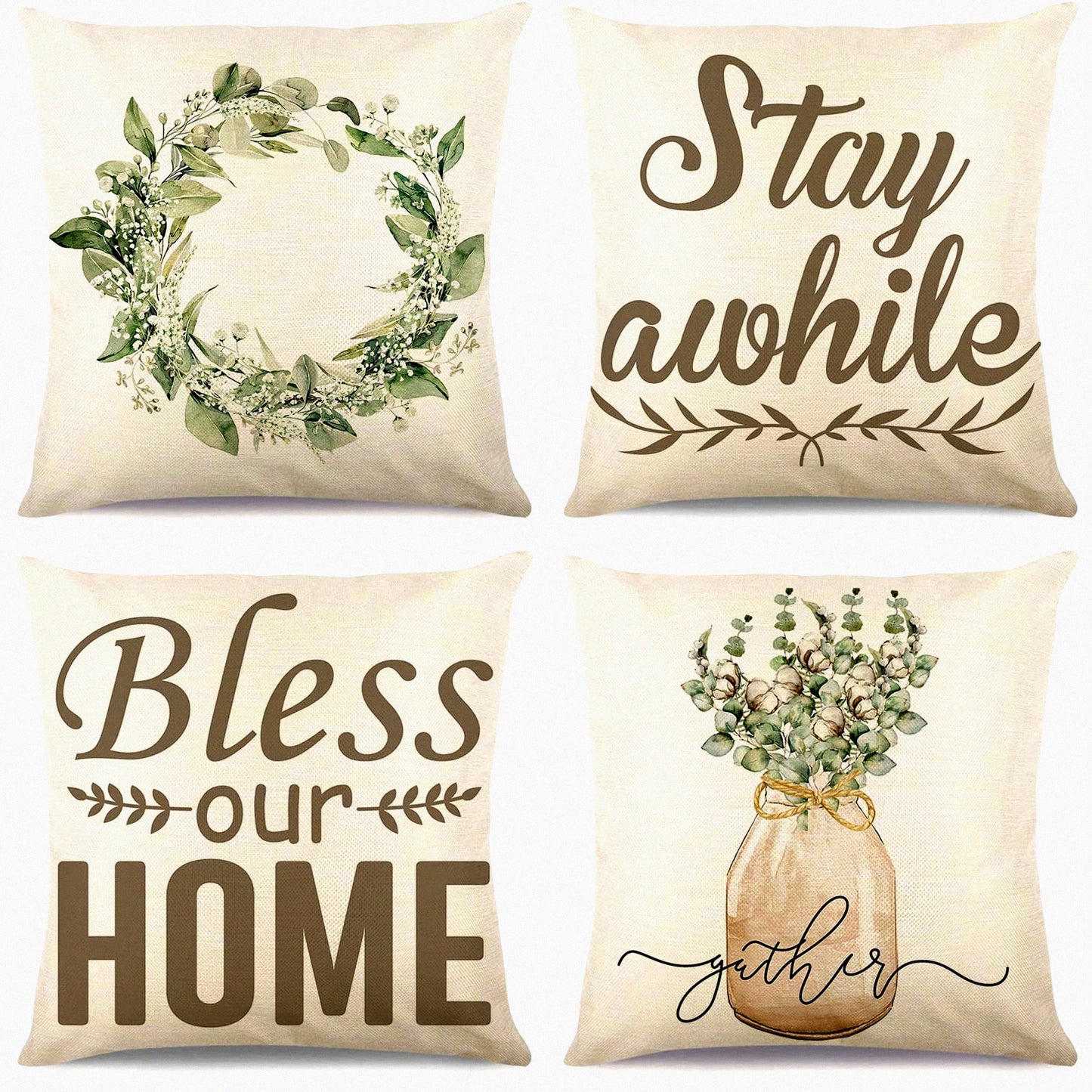 Spring Blessings Floral Pillow Covers - Set of 4, Farmhouse Decor Linen Cushion Cases for Sofa, Chair, Car - 18 x 18 Inches, Green/Wreath