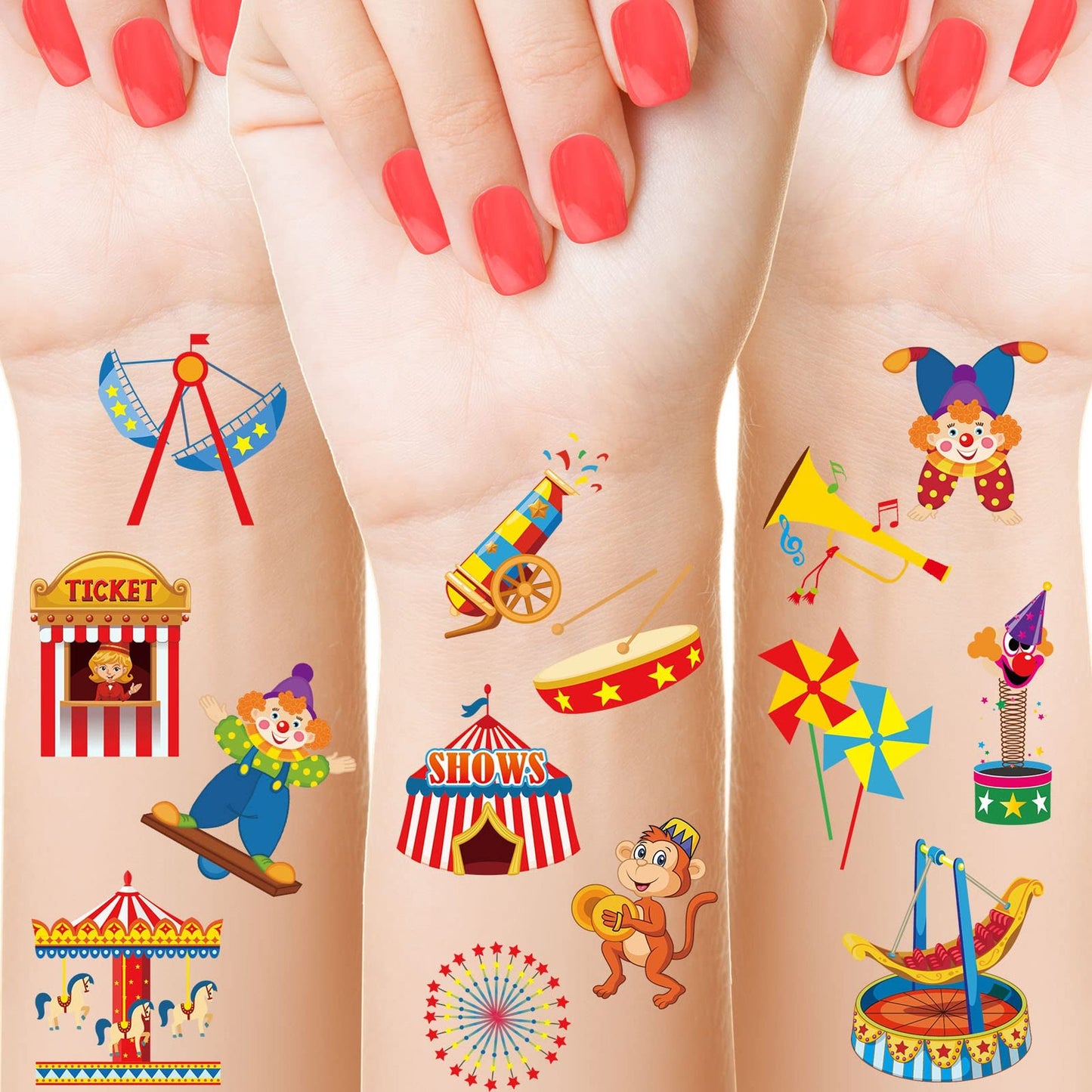 Circus Fun Pack - 288 Pieces Kids Temporary Tattoos, 48 Styles Circus Theme Party Decoration Favor Supplies - Circus Party Tattoos