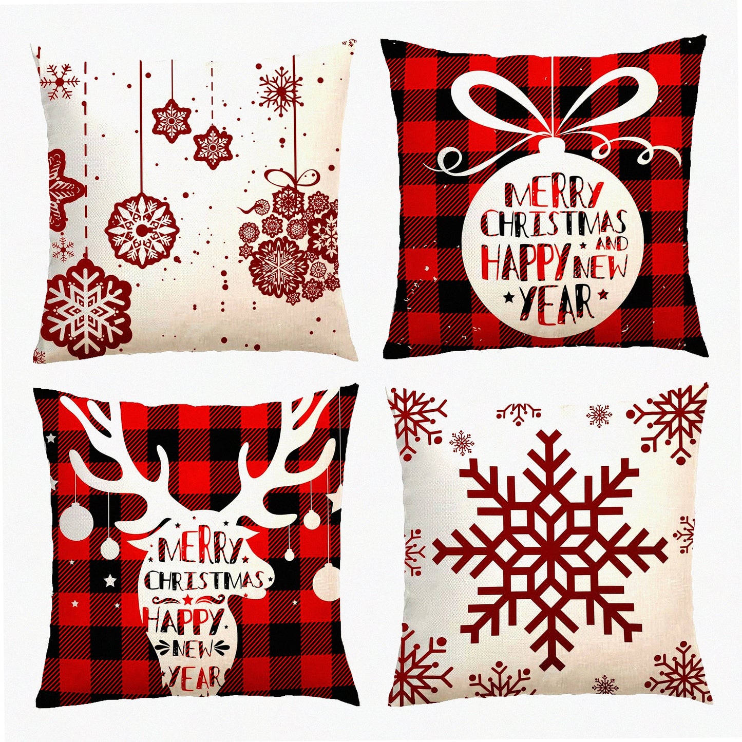 Winter Wonderland Pillow Cover Set - 18 Inch Snowflake & Moose Decorative Linen Throw Pillow Covers for Bedroom & Living Room Holiday Decor - Pack of 4