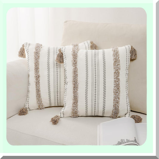 Tufted Boho Farmhouse Pillow Covers Set - Cotton Linen Woven Decorative Cushion Cases for Couch Bed - 18x18 Inch Light Brown - Pack of 2