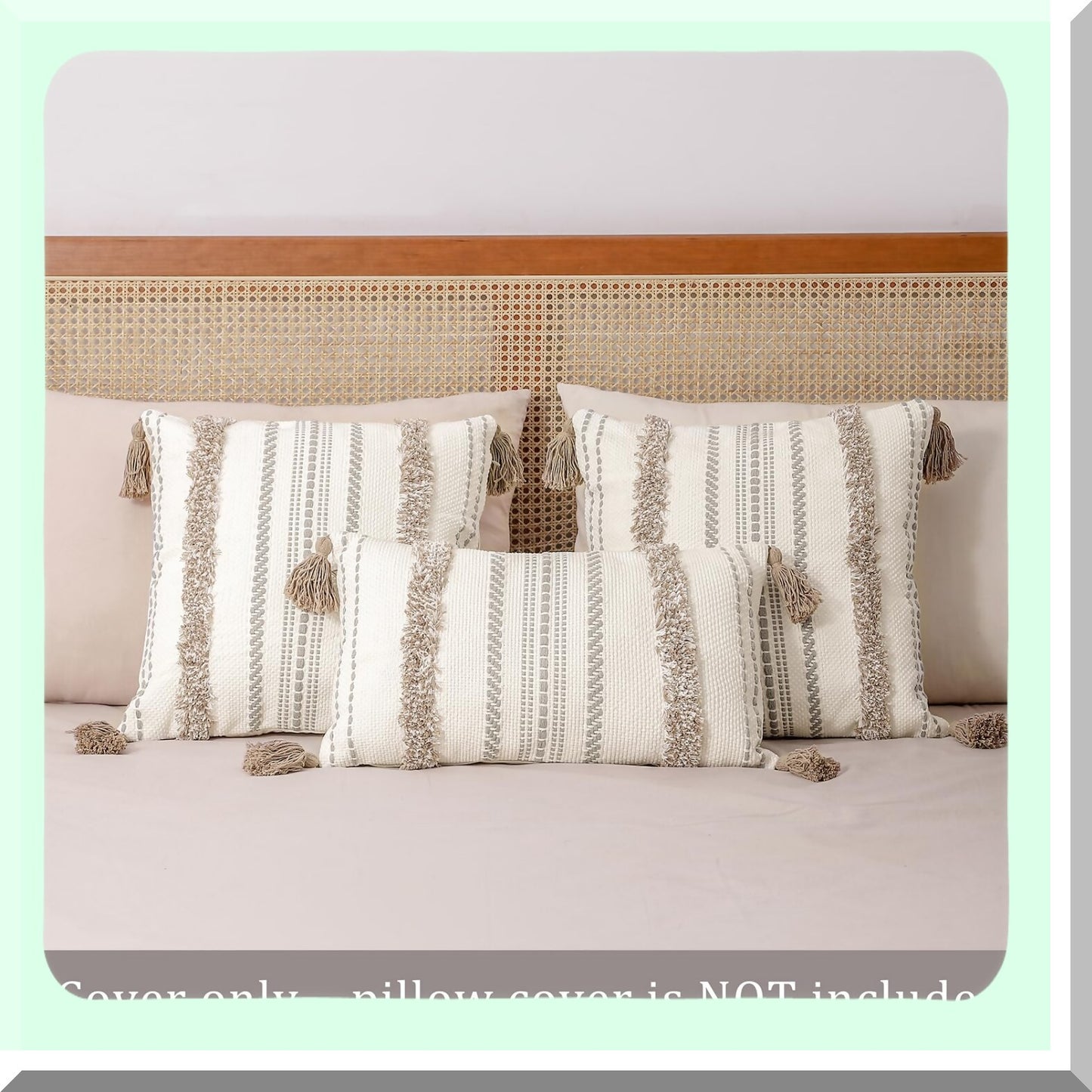 Tufted Boho Farmhouse Pillow Covers Set - Cotton Linen Woven Decorative Cushion Cases for Couch Bed - 18x18 Inch Light Brown - Pack of 2