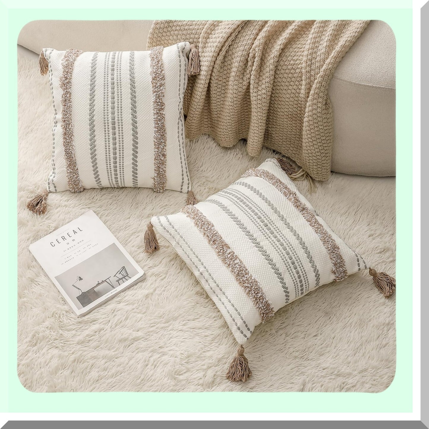 Tufted Boho Farmhouse Pillow Covers Set - Cotton Linen Woven Decorative Cushion Cases for Couch Bed - 18x18 Inch Light Brown - Pack of 2