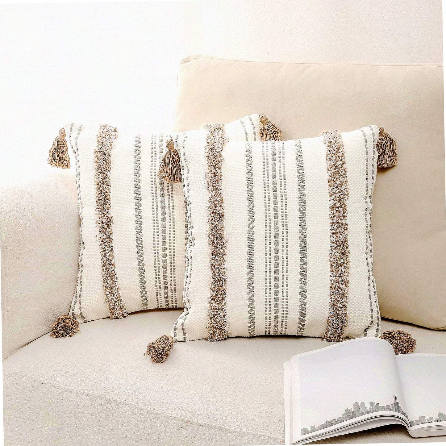 Tufted Boho Farmhouse Pillow Covers Set - Cotton Linen Woven Decorative Cushion Cases for Couch Bed - 18x18 Inch Light Brown - Pack of 2