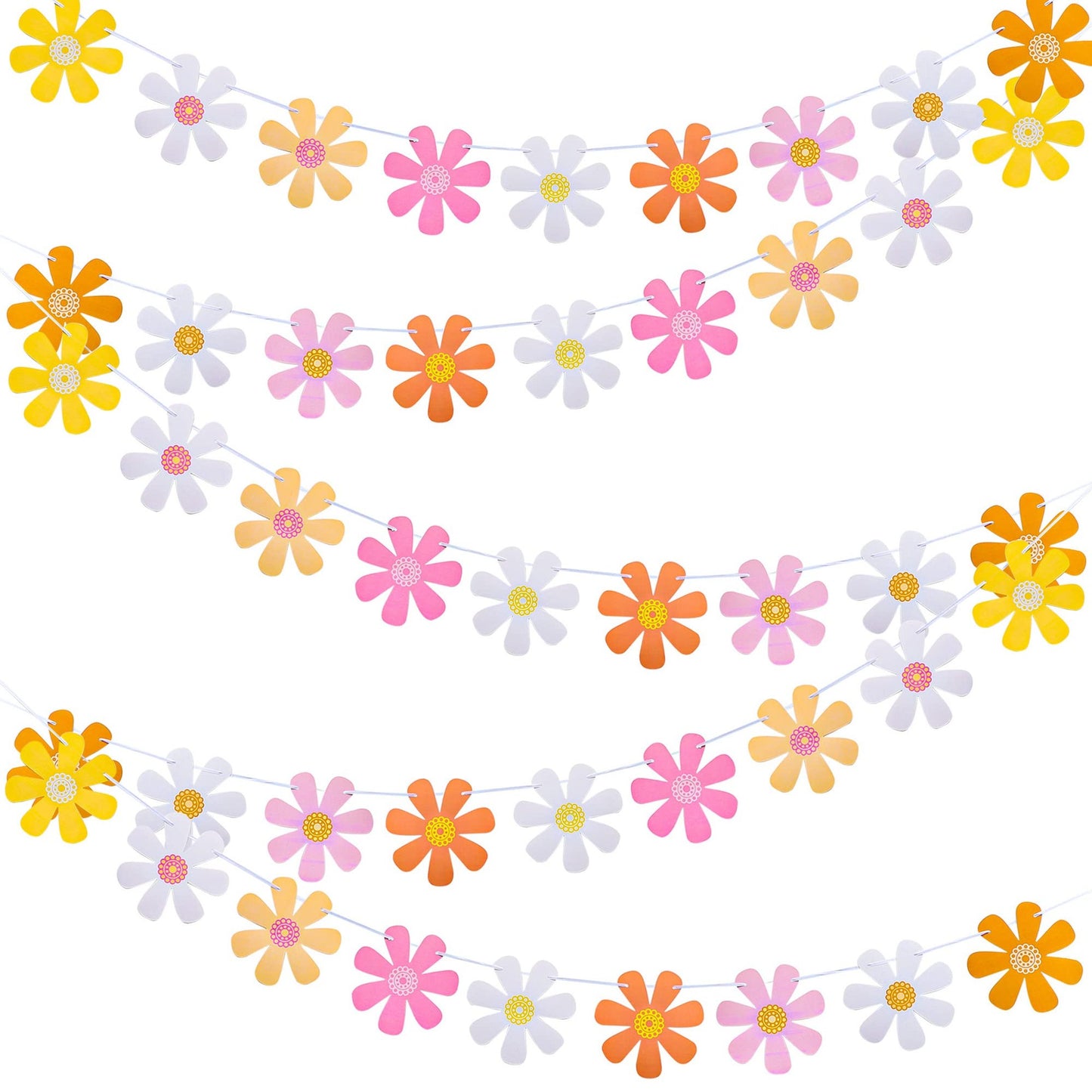 Daisy Groovy Paper Garland Set - Colorful Flower Banners for Hippie Party Decor, Baby Shower, Birthday, Nursery, Home Decor - Two Groovy Supplies