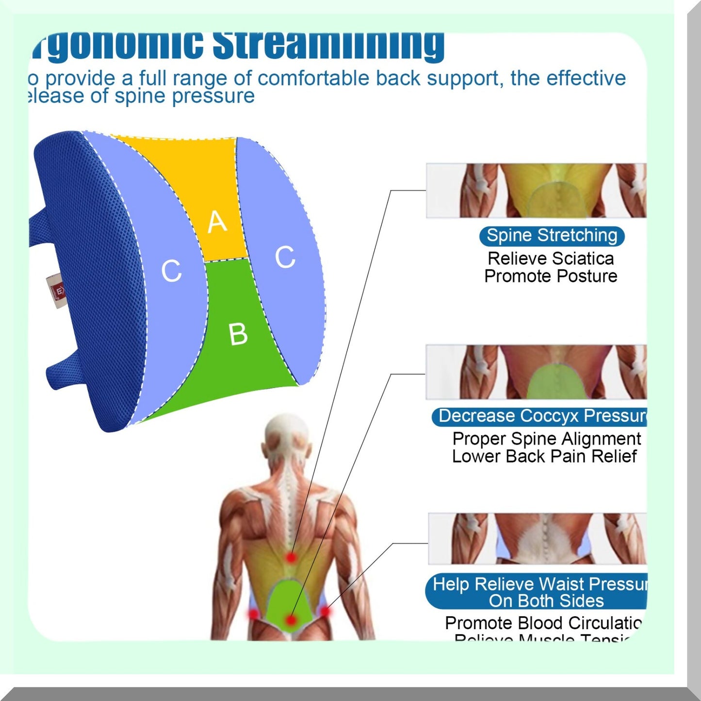 MemoryFoam Mesh Lumbar Support Pillow - Back Pain Relief Cushion for Chair & Car - Office Chair Back Support - Blue Color - Ergonomic Design