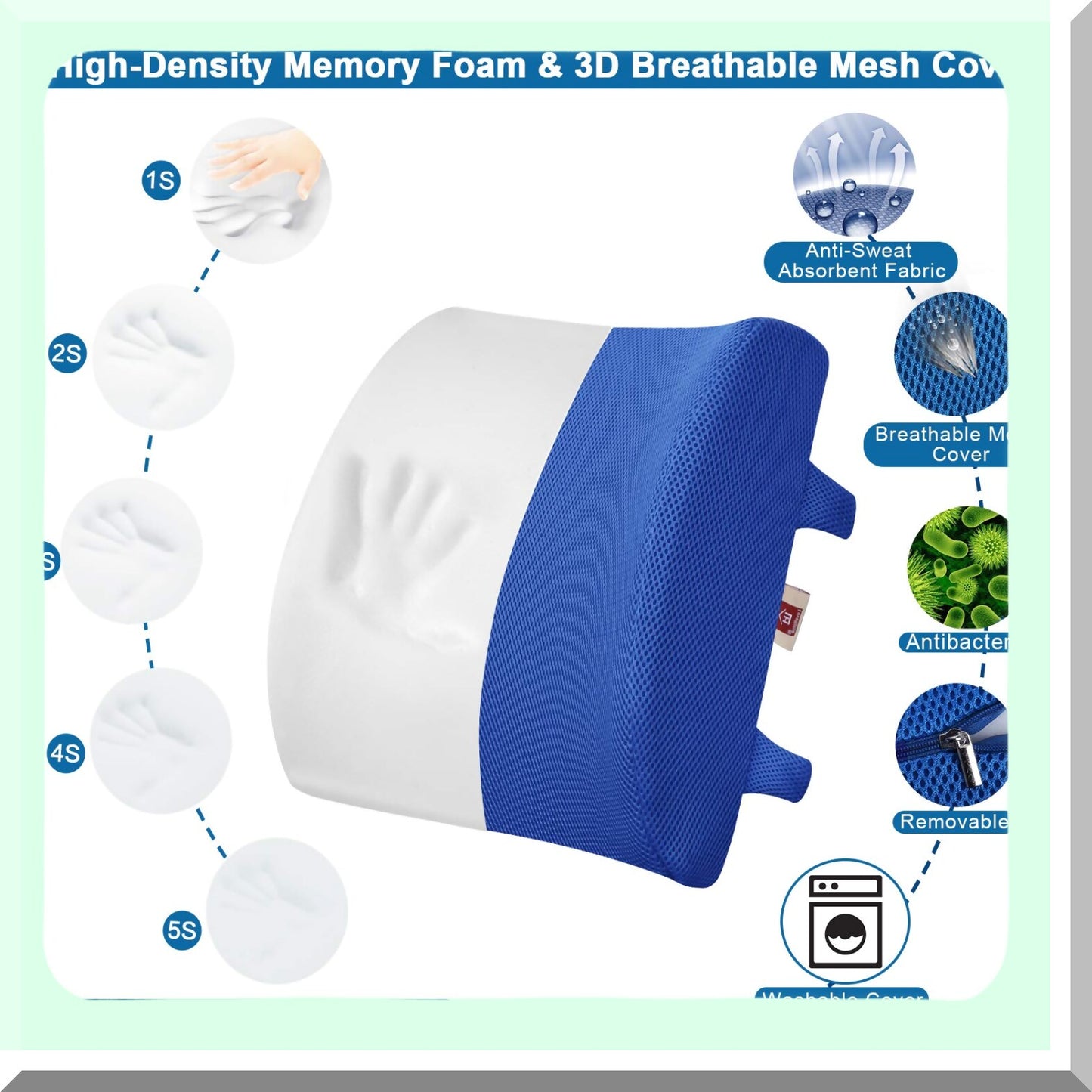 MemoryFoam Mesh Lumbar Support Pillow - Back Pain Relief Cushion for Chair & Car - Office Chair Back Support - Blue Color - Ergonomic Design