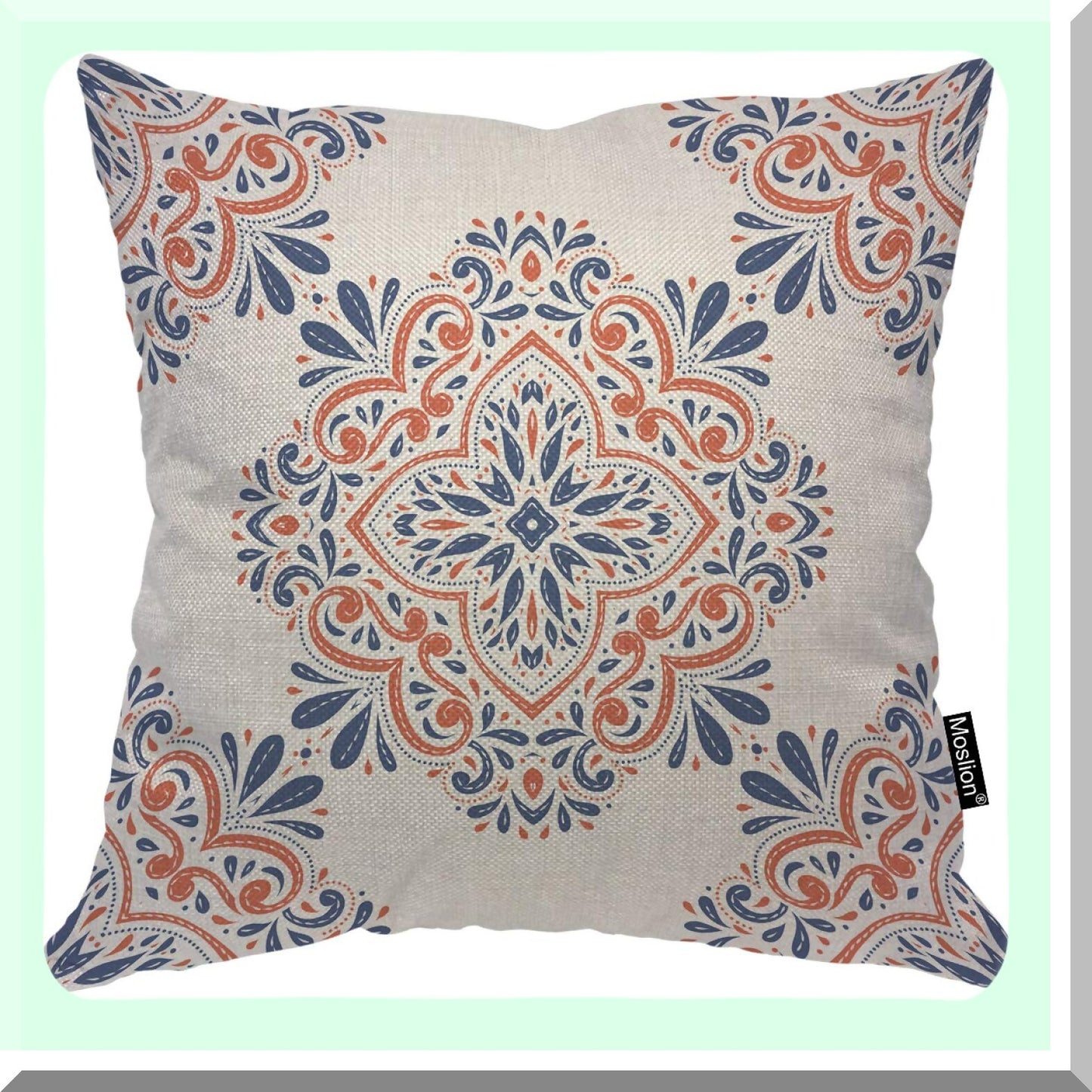 Vintage Paisley Moroccan Flower Decorative Pillow Case - Blue Orange Square Accent Cover for Home, 18x18 Inch Cotton Linen Throw