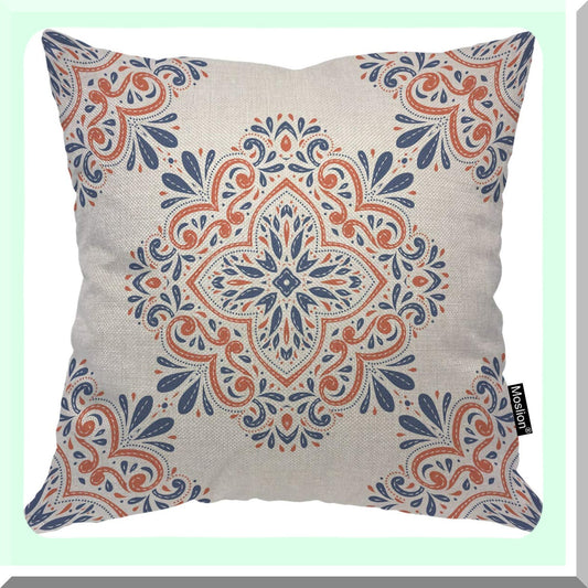 Vintage Paisley Moroccan Flower Decorative Pillow Case - Blue Orange Square Accent Cover for Home, 18x18 Inch Cotton Linen Throw