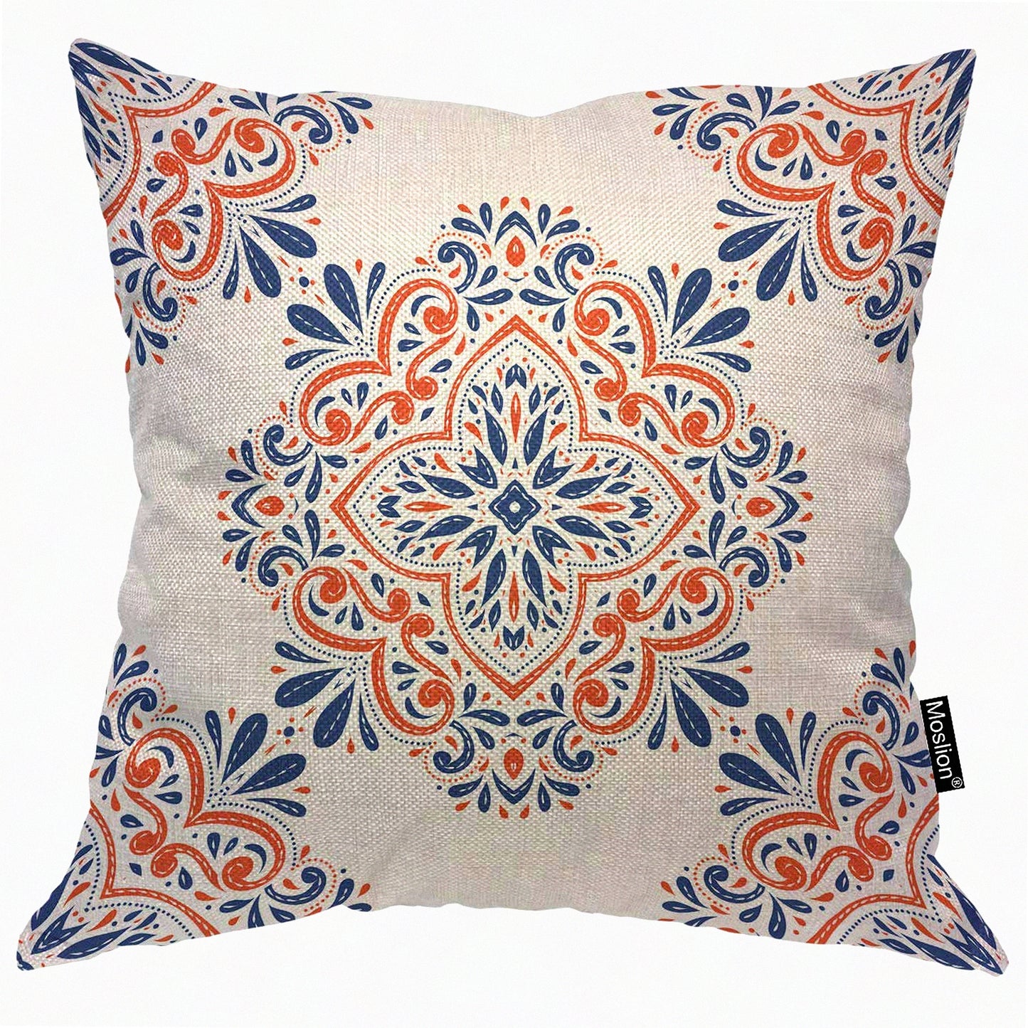 Vintage Paisley Moroccan Flower Decorative Pillow Case - Blue Orange Square Accent Cover for Home, 18x18 Inch Cotton Linen Throw