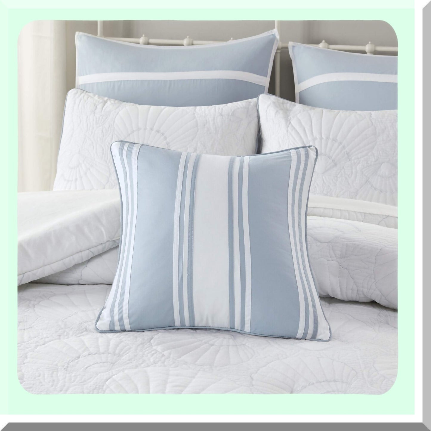 Coastal Striped Crystal Cotton Throw Pillow - Blue & White Square Decorative Cushion - Beach Pieced 18X18 - Strapping Design