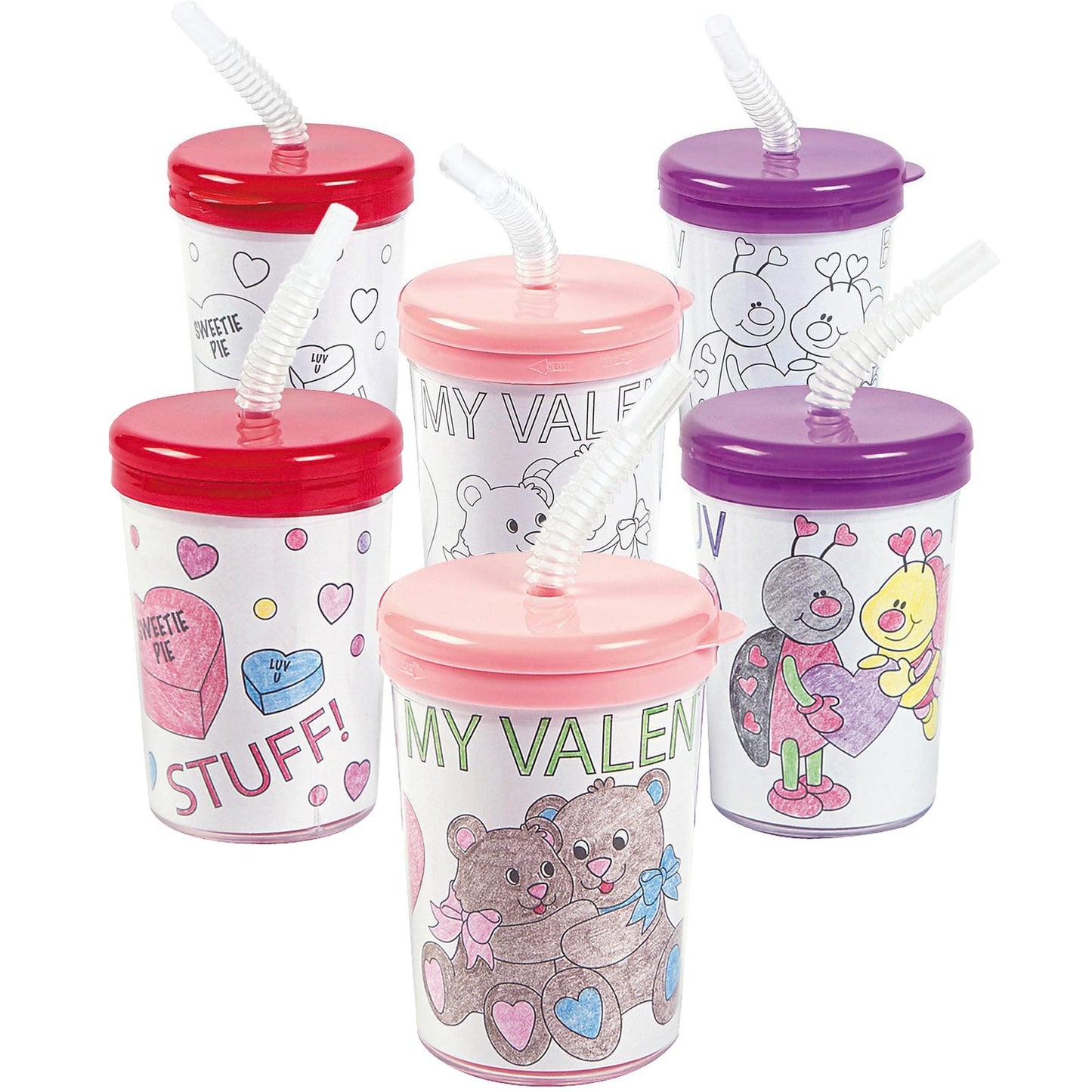 Set of 12 Kids Party Cups with Lids and Straws