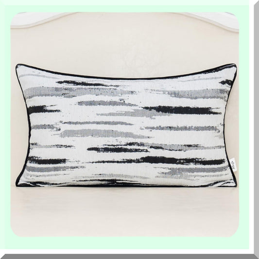 Luxury Modern Stripes Jacquard Lumbar Pillow Cover - Black White Abstract Chenille Cushion Case for Couch, Living Room, Bedroom, Car - 12 x 20 Inch