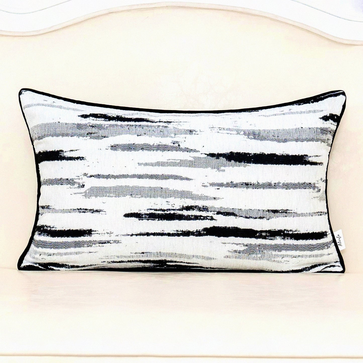 Luxury Modern Stripes Jacquard Lumbar Pillow Cover - Black White Abstract Chenille Cushion Case for Couch, Living Room, Bedroom, Car - 12 x 20 Inch