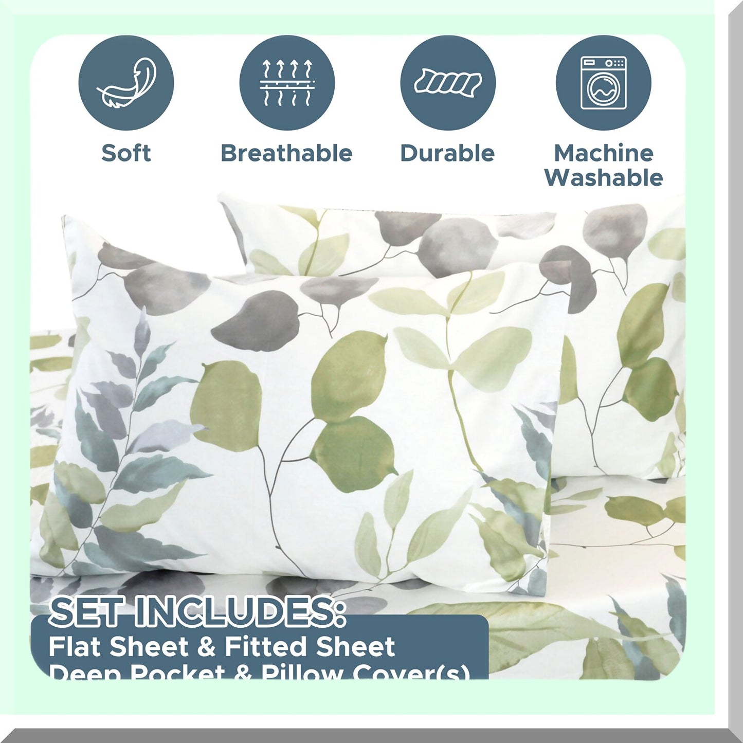 CoolBreeze Twin Cotton Sheet Set - 620 Thread Count Deep Pocket Fitted Sheet, Flat Sheet, Pillow Case - Breathable Cooling Bed Sheets in Watercolor Design