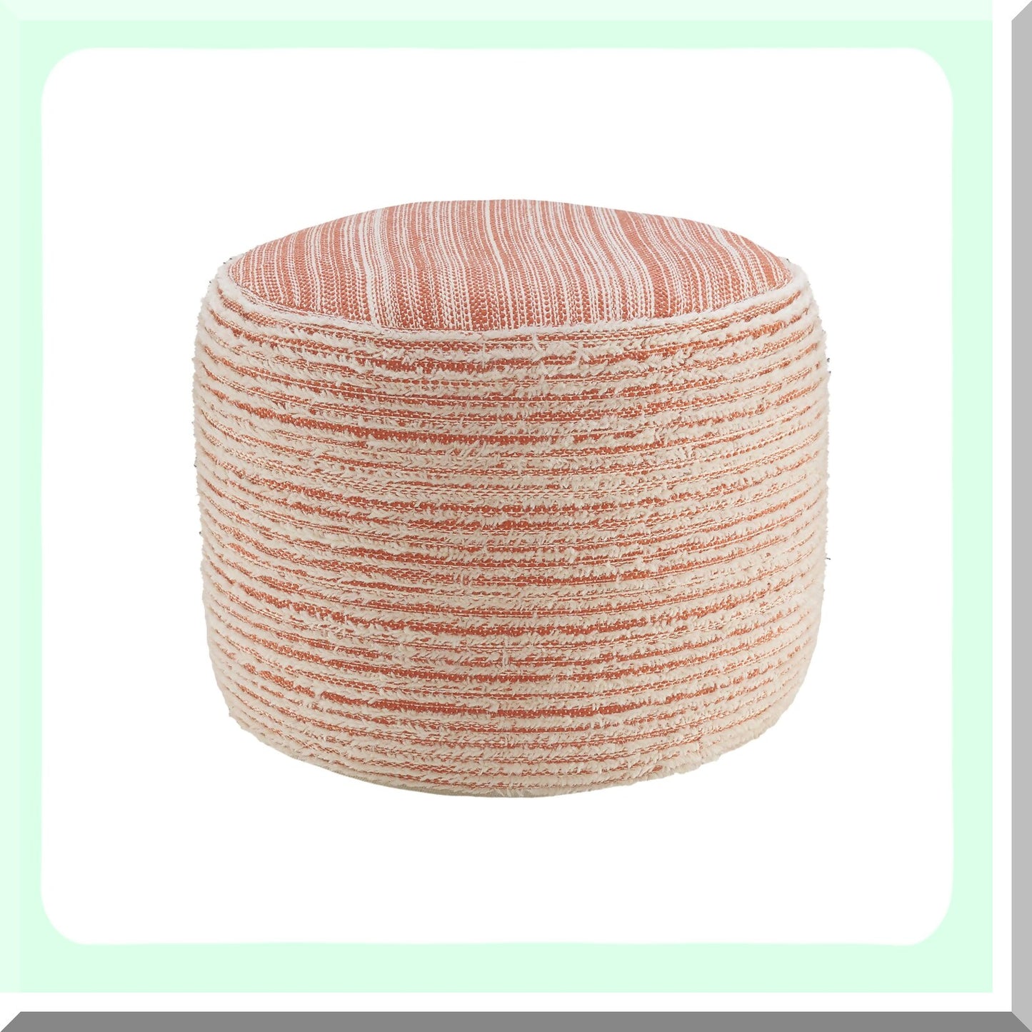 Tropical Coral Distressed Pouf - Textured Ottoman Seat for Living Room, 18x18x14 Inches - Coastal Decor Footstool with White Accents