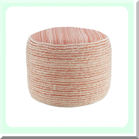 Tropical Coral Distressed Pouf - Textured Ottoman Seat for Living Room, 18x18x14 Inches - Coastal Decor Footstool with White Accents