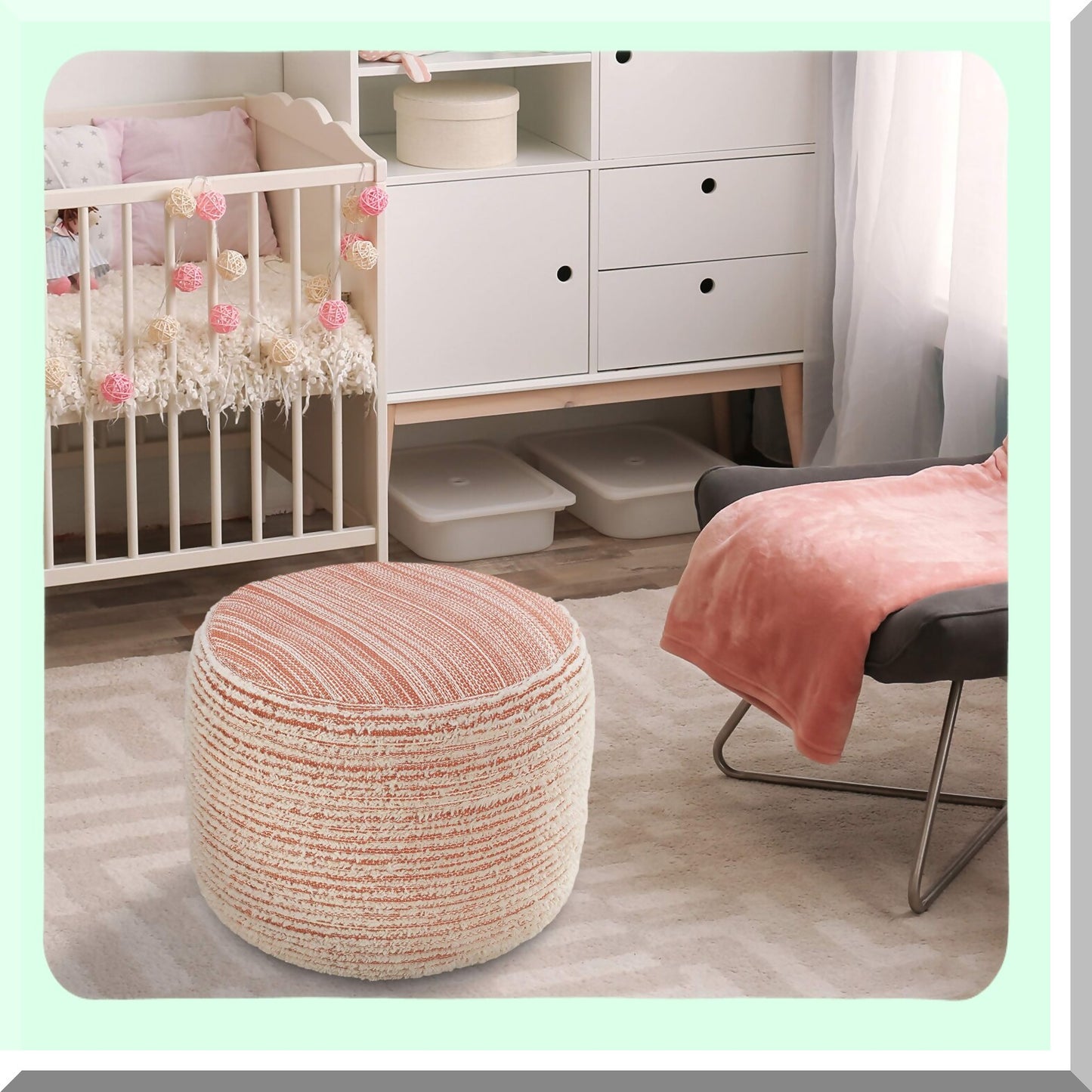 Tropical Coral Distressed Pouf - Textured Ottoman Seat for Living Room, 18x18x14 Inches - Coastal Decor Footstool with White Accents